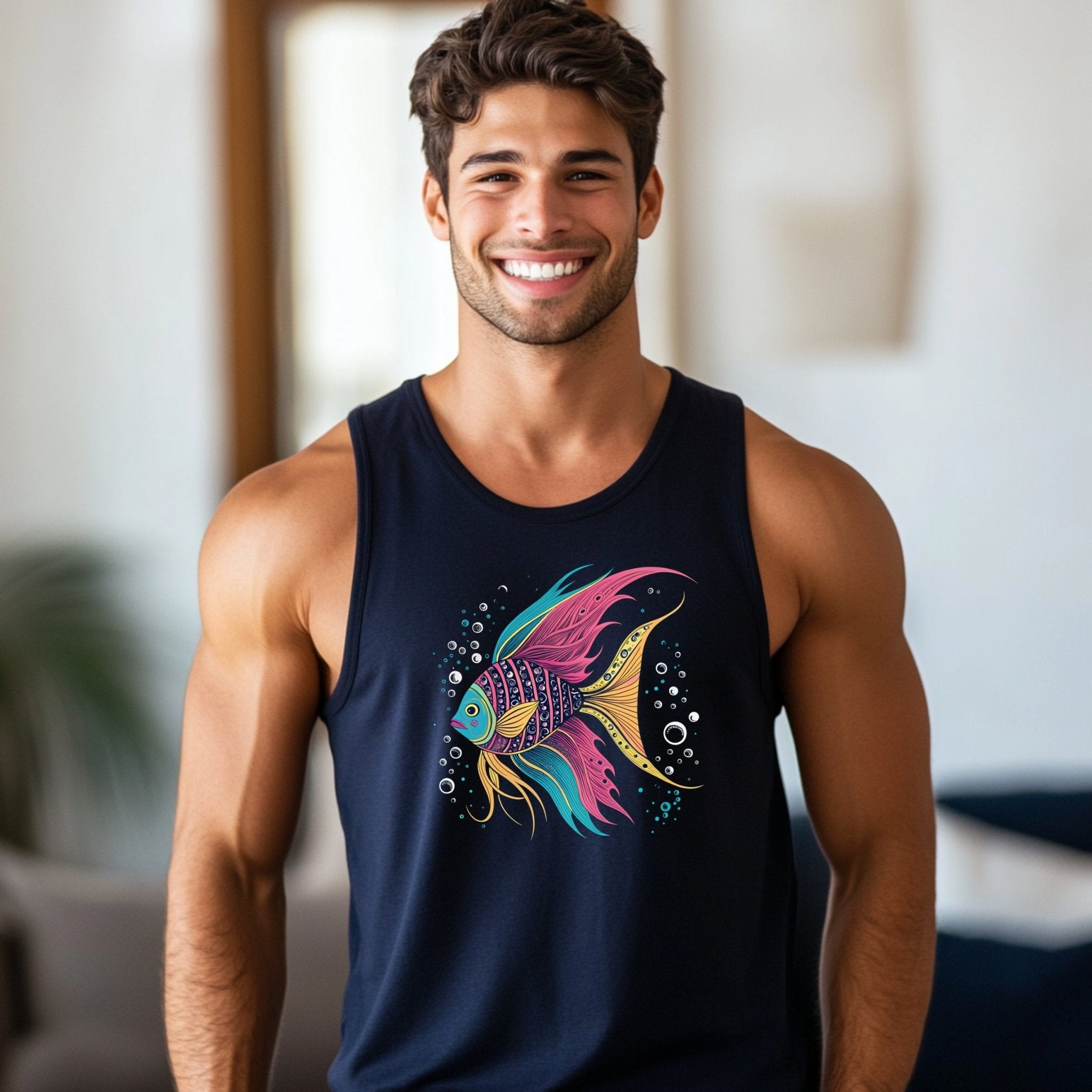 Great Barrier Reef inspired tank top, colorful fish design tank top, mens sleeveless summer t-shirt, marine life graphic tank top - Craig Michael Design