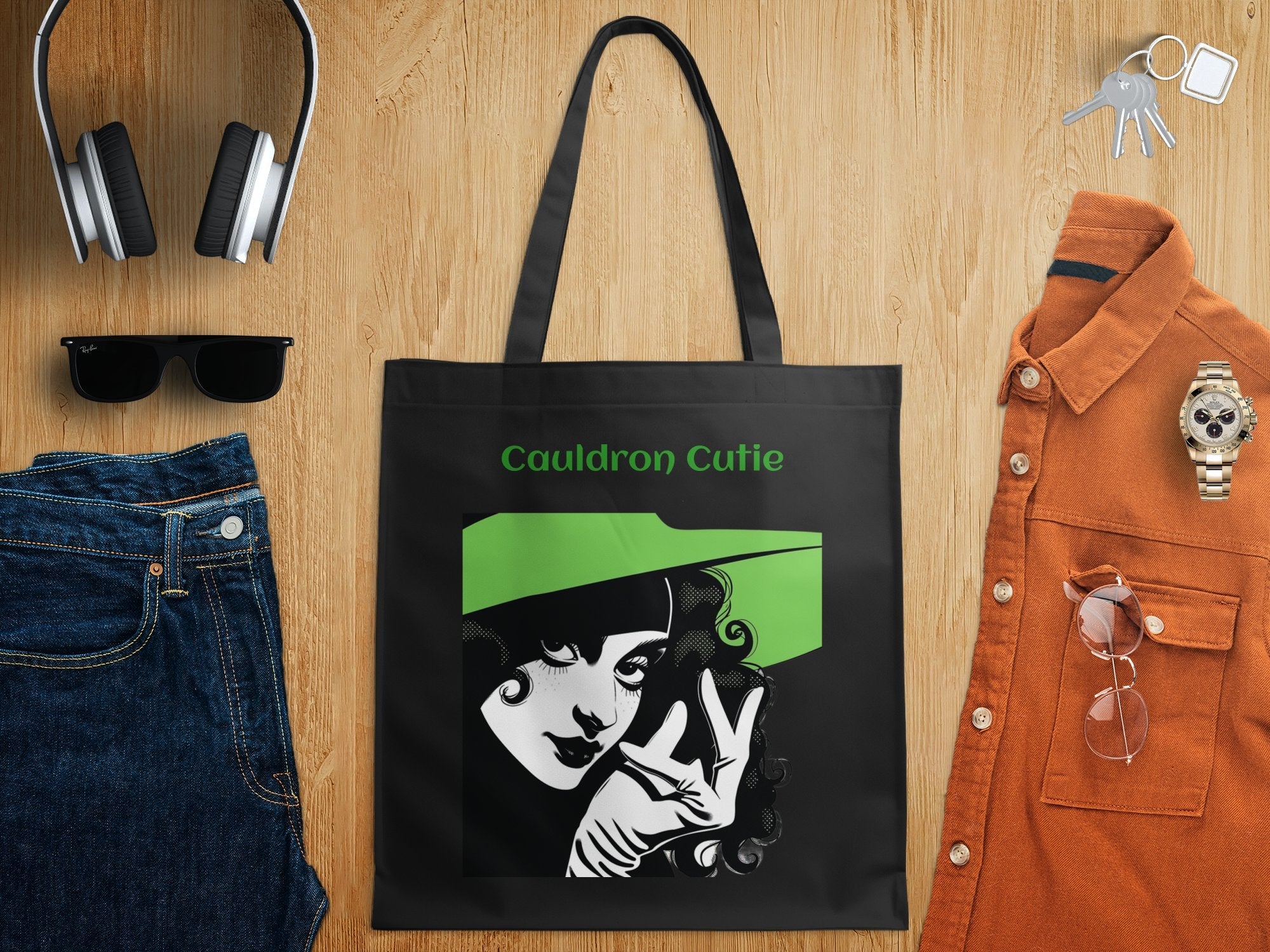 Halloween Witch Design Tote Bag, Cauldron Cutie Illustration Tote Bag, Stylish Witch Graphic Tote, Funky Halloween Tote Bag - Craig Michael Design