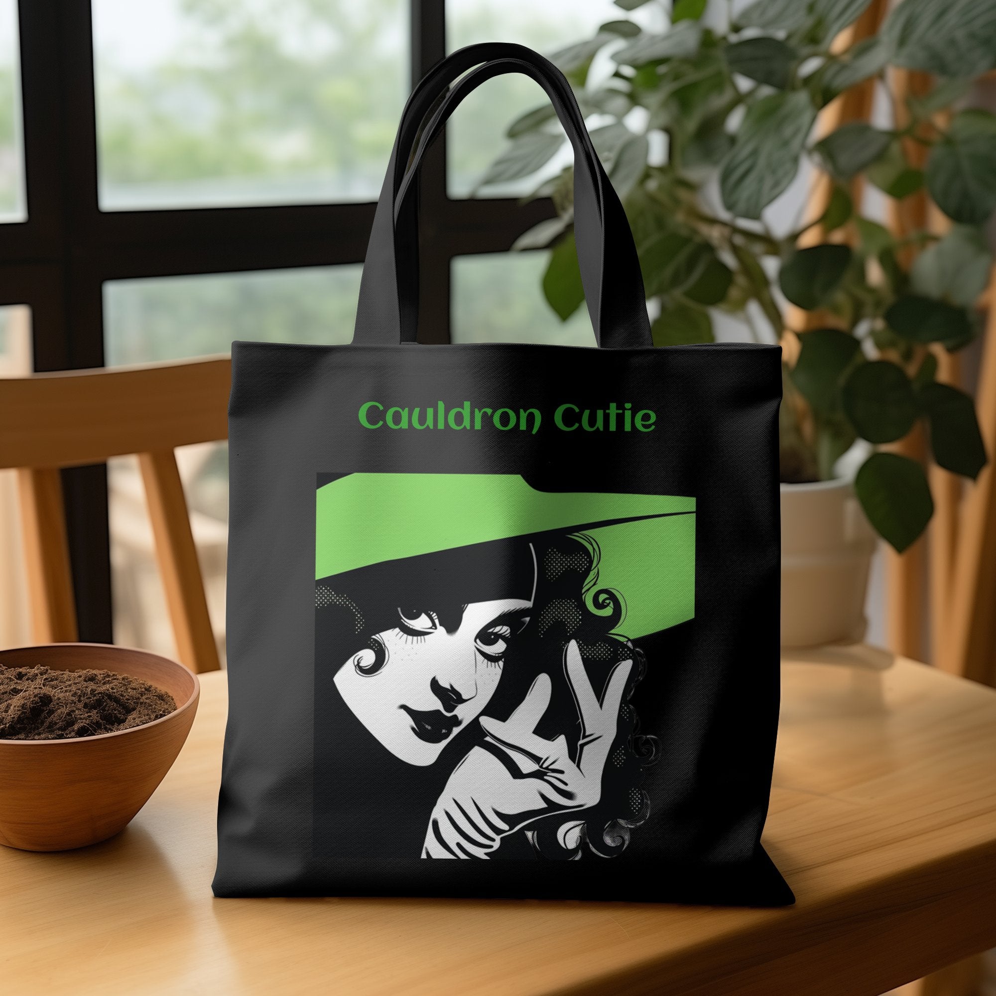 Halloween Witch Design Tote Bag, Cauldron Cutie Illustration Tote Bag, Stylish Witch Graphic Tote, Funky Halloween Tote Bag - Craig Michael Design