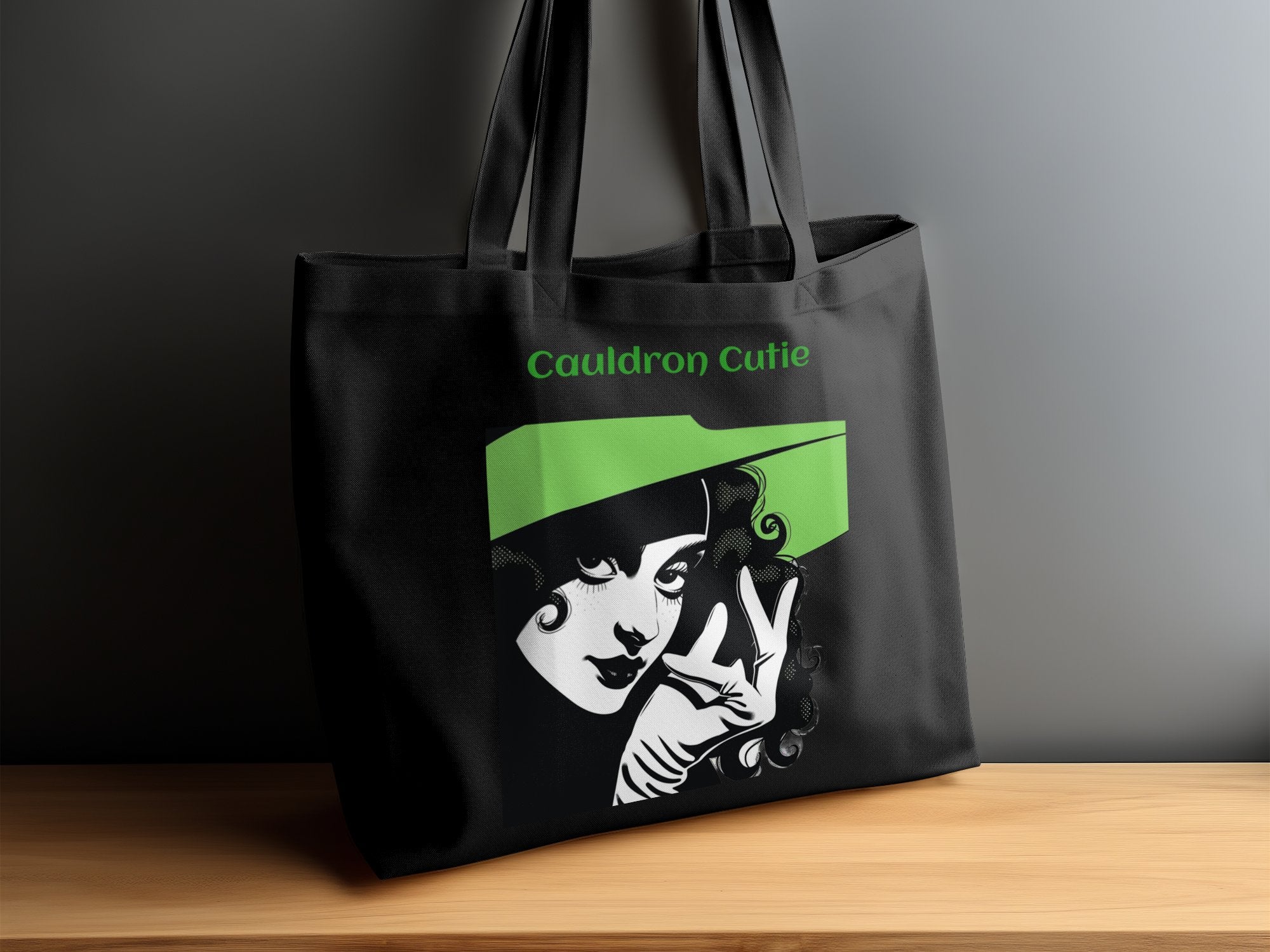 Halloween Witch Design Tote Bag, Cauldron Cutie Illustration Tote Bag, Stylish Witch Graphic Tote, Funky Halloween Tote Bag - Craig Michael Design