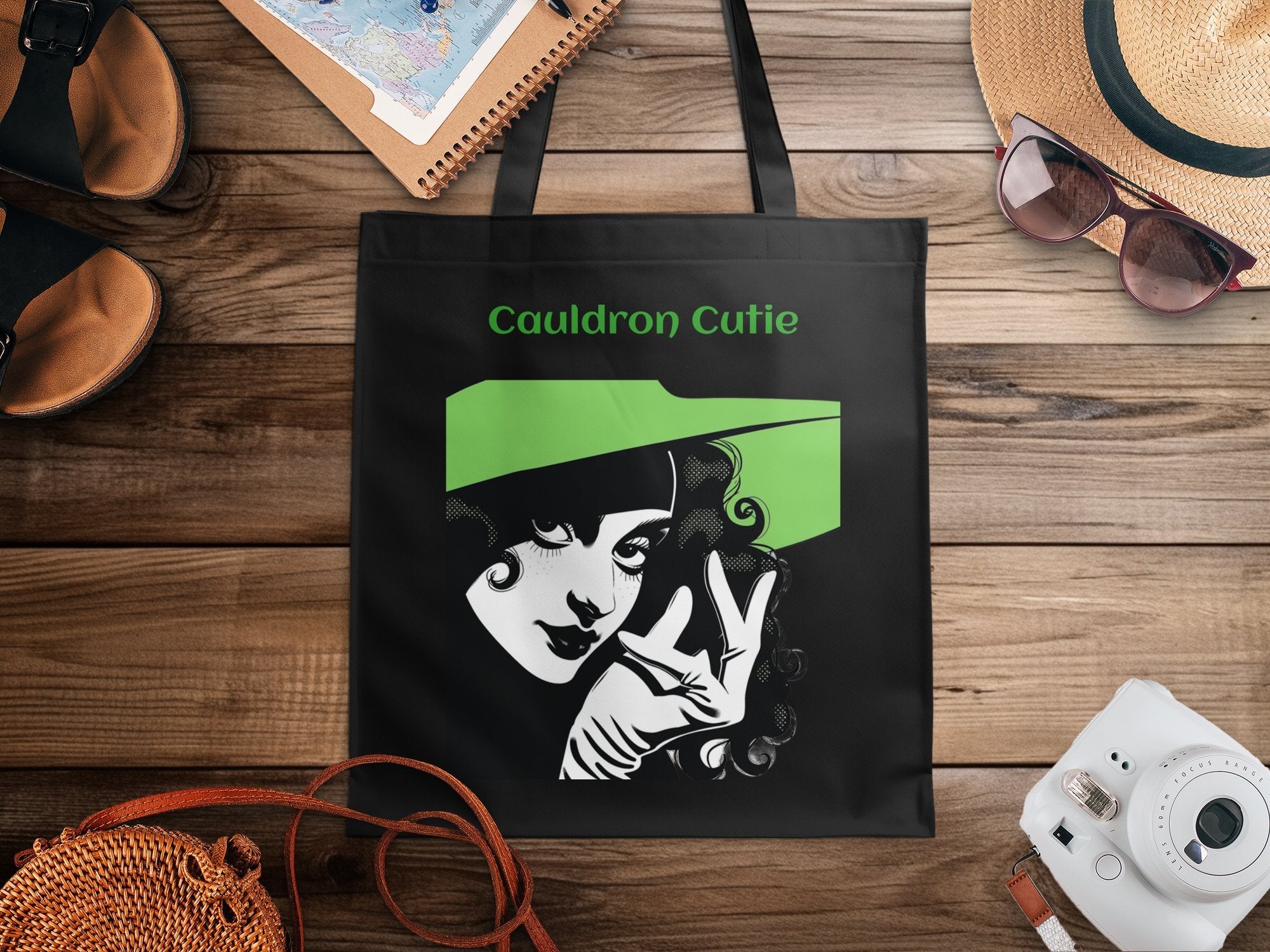 Halloween Witch Design Tote Bag, Cauldron Cutie Illustration Tote Bag, Stylish Witch Graphic Tote, Funky Halloween Tote Bag - Craig Michael Design