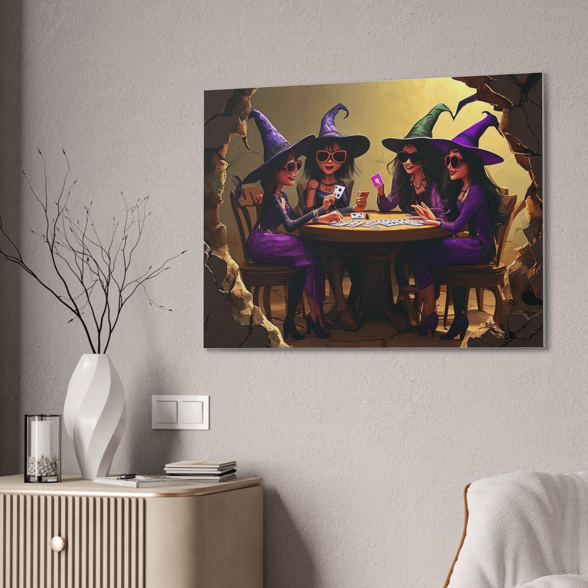 Halloween Witches Playing Cards Art, Spooky Witch Canvas Decor, Whimsical Halloween Party Wall Art, Magical Witches Gift Idea - Craig Michael Design