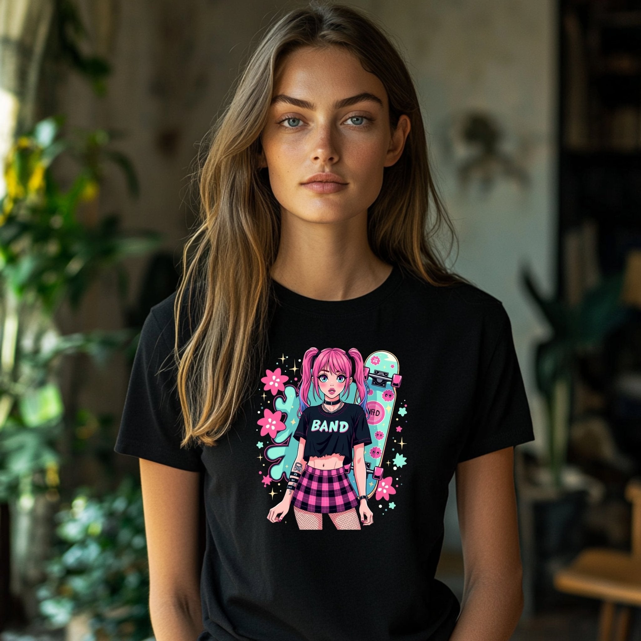 Harajuku Style Punk Rock Band Graphic T-Shirt, Anime Girl Skater Tee, Japanese Streetwear Fashion, Aesthetic Girls Tops - Craig Michael Design