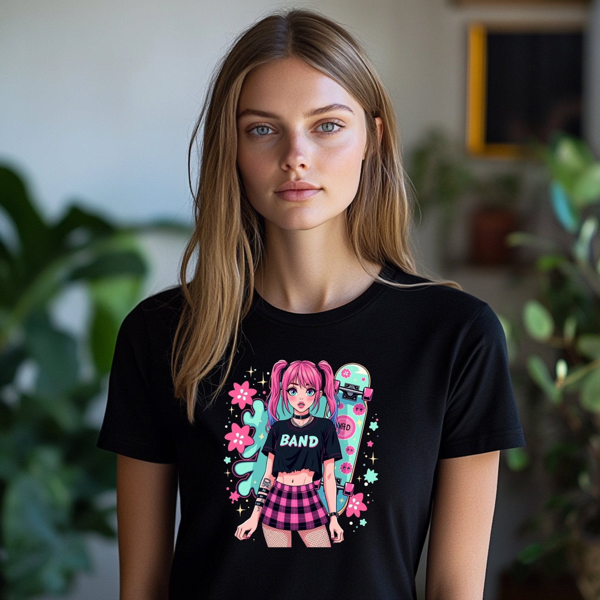 Harajuku Style Punk Rock Band Graphic T-Shirt, Anime Girl Skater Tee, Japanese Streetwear Fashion, Aesthetic Girls Tops - Craig Michael Design