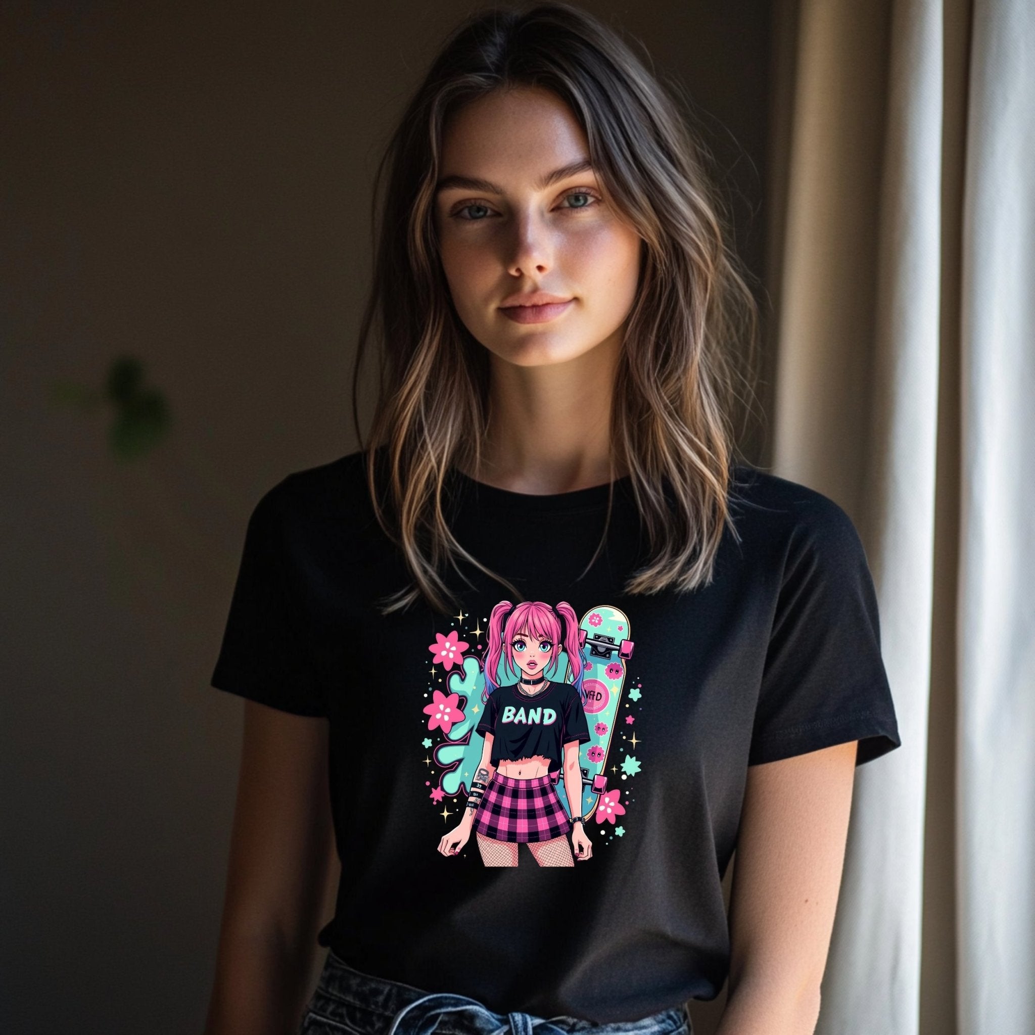 Harajuku Style Punk Rock Band Graphic T-Shirt, Anime Girl Skater Tee, Japanese Streetwear Fashion, Aesthetic Girls Tops - Craig Michael Design