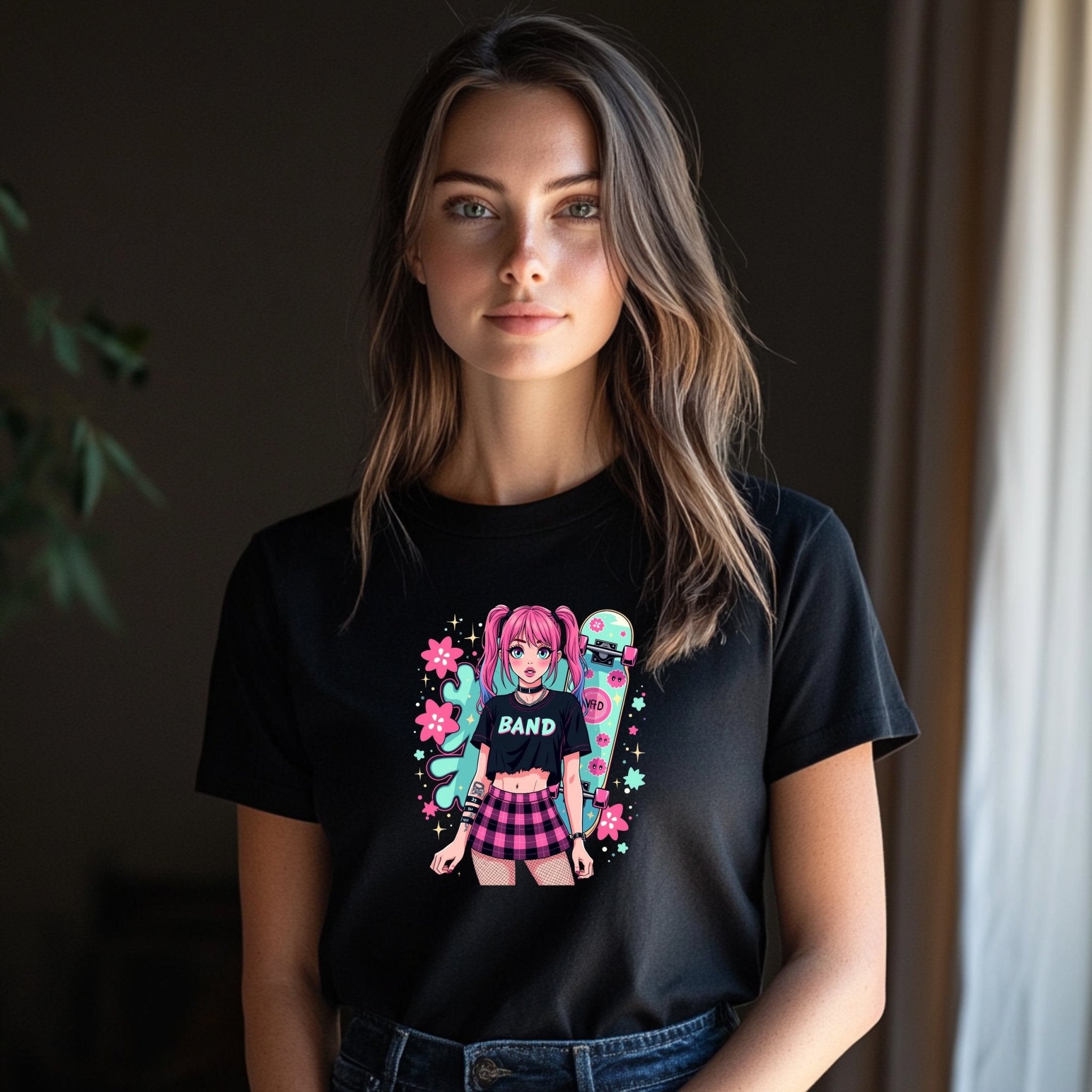 Harajuku Style Punk Rock Band Graphic T-Shirt, Anime Girl Skater Tee, Japanese Streetwear Fashion, Aesthetic Girls Tops - Craig Michael Design