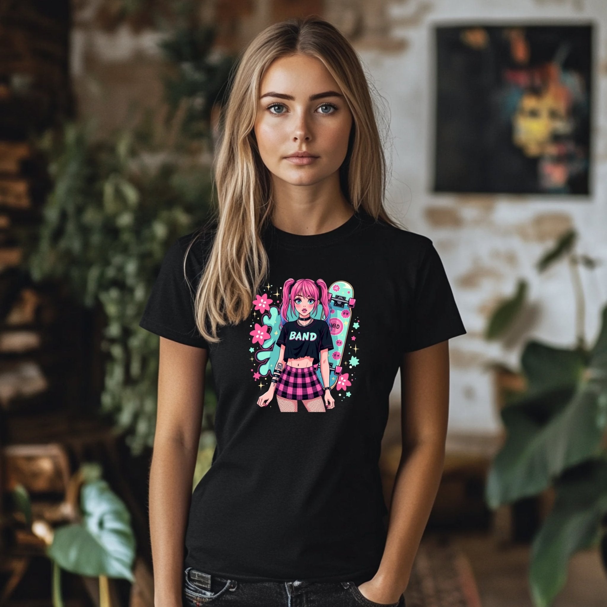 Harajuku Style Punk Rock Band Graphic T-Shirt, Anime Girl Skater Tee, Japanese Streetwear Fashion, Aesthetic Girls Tops - Craig Michael Design