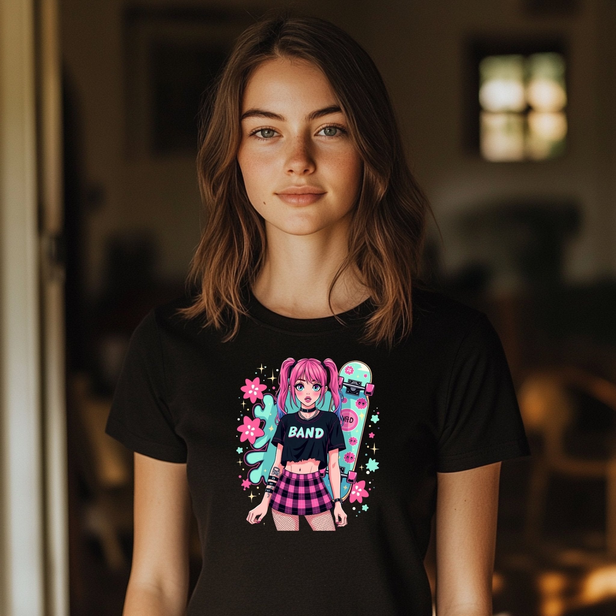 Harajuku Style Punk Rock Band Graphic T-Shirt, Anime Girl Skater Tee, Japanese Streetwear Fashion, Aesthetic Girls Tops - Craig Michael Design