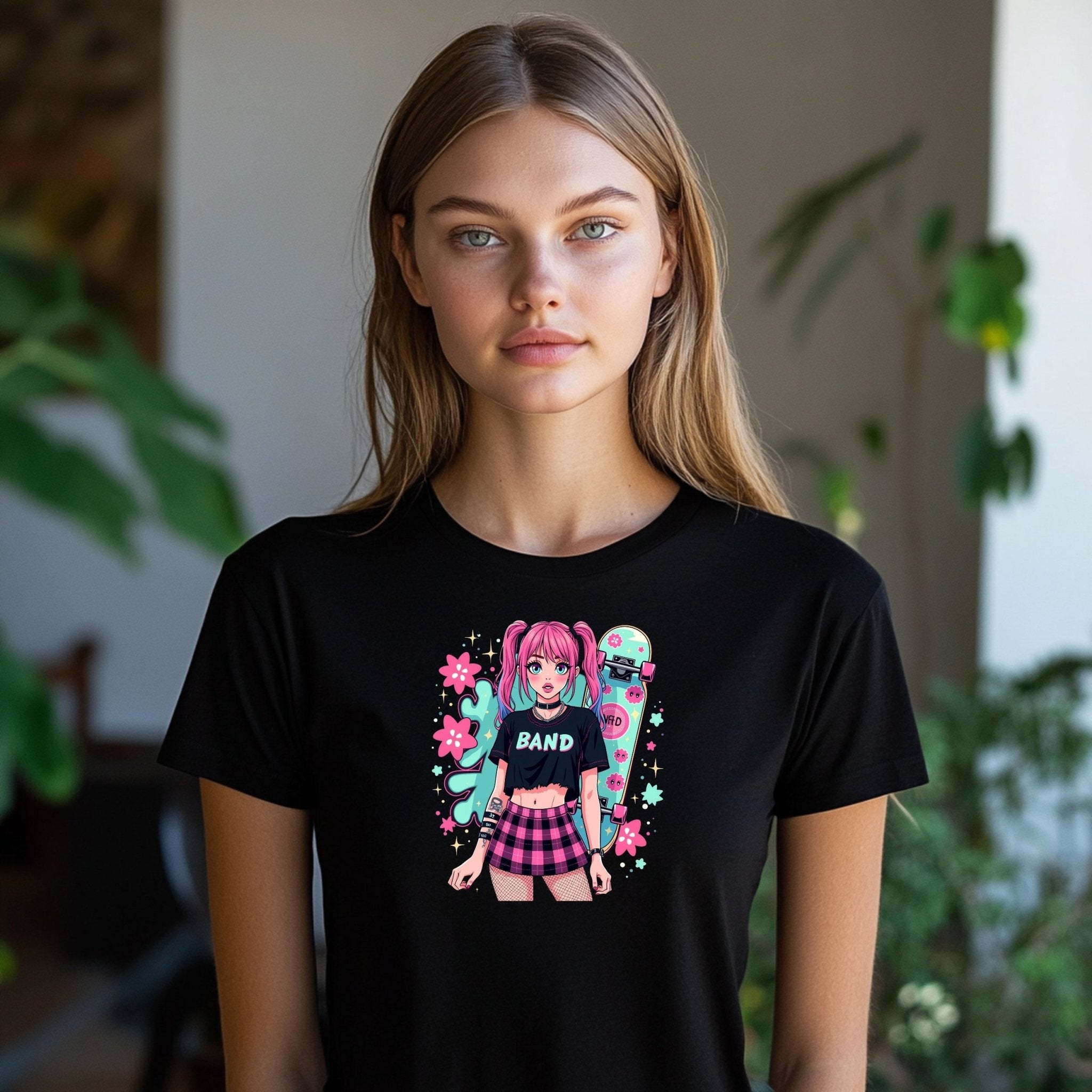 Harajuku Style Punk Rock Band Graphic T-Shirt, Anime Girl Skater Tee, Japanese Streetwear Fashion, Aesthetic Girls Tops - Craig Michael Design