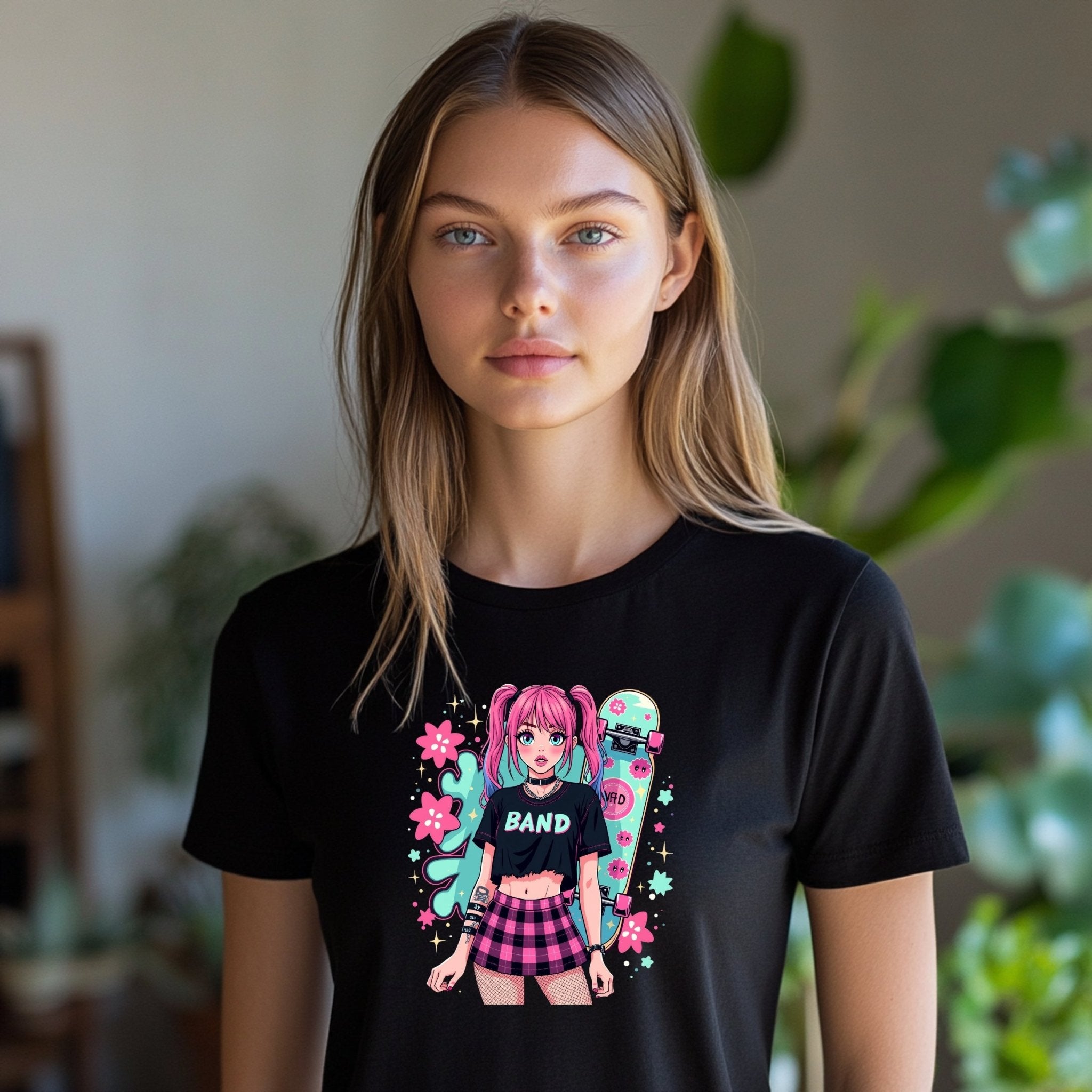 Harajuku Style Punk Rock Band Graphic T-Shirt, Anime Girl Skater Tee, Japanese Streetwear Fashion, Aesthetic Girls Tops - Craig Michael Design