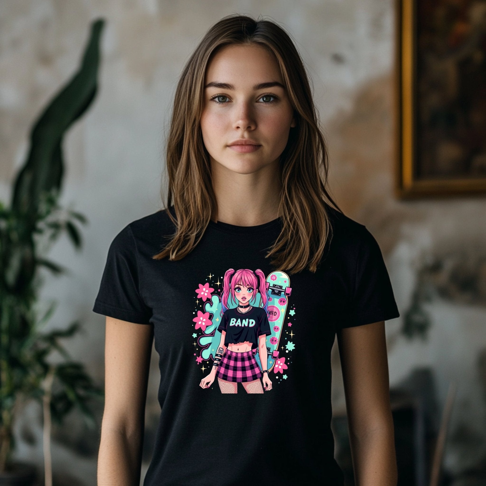 Harajuku Style Punk Rock Band Graphic T-Shirt, Anime Girl Skater Tee, Japanese Streetwear Fashion, Aesthetic Girls Tops - Craig Michael Design