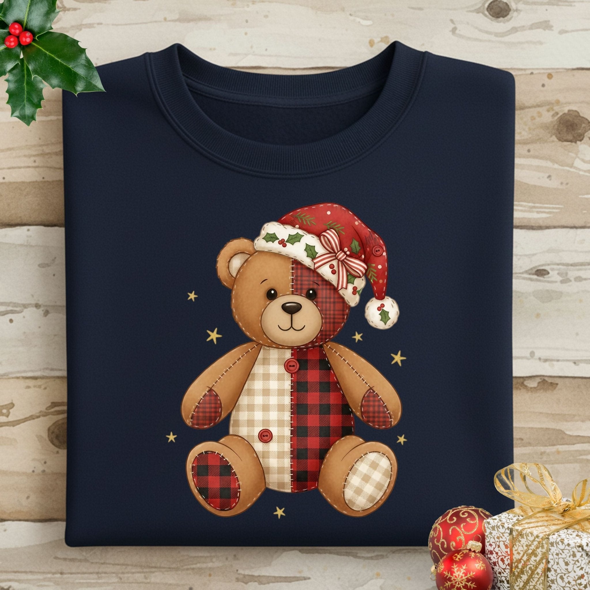 Holiday Teddy Bear Sweatshirt – Patchwork Christmas Edition - Craig Michael Design