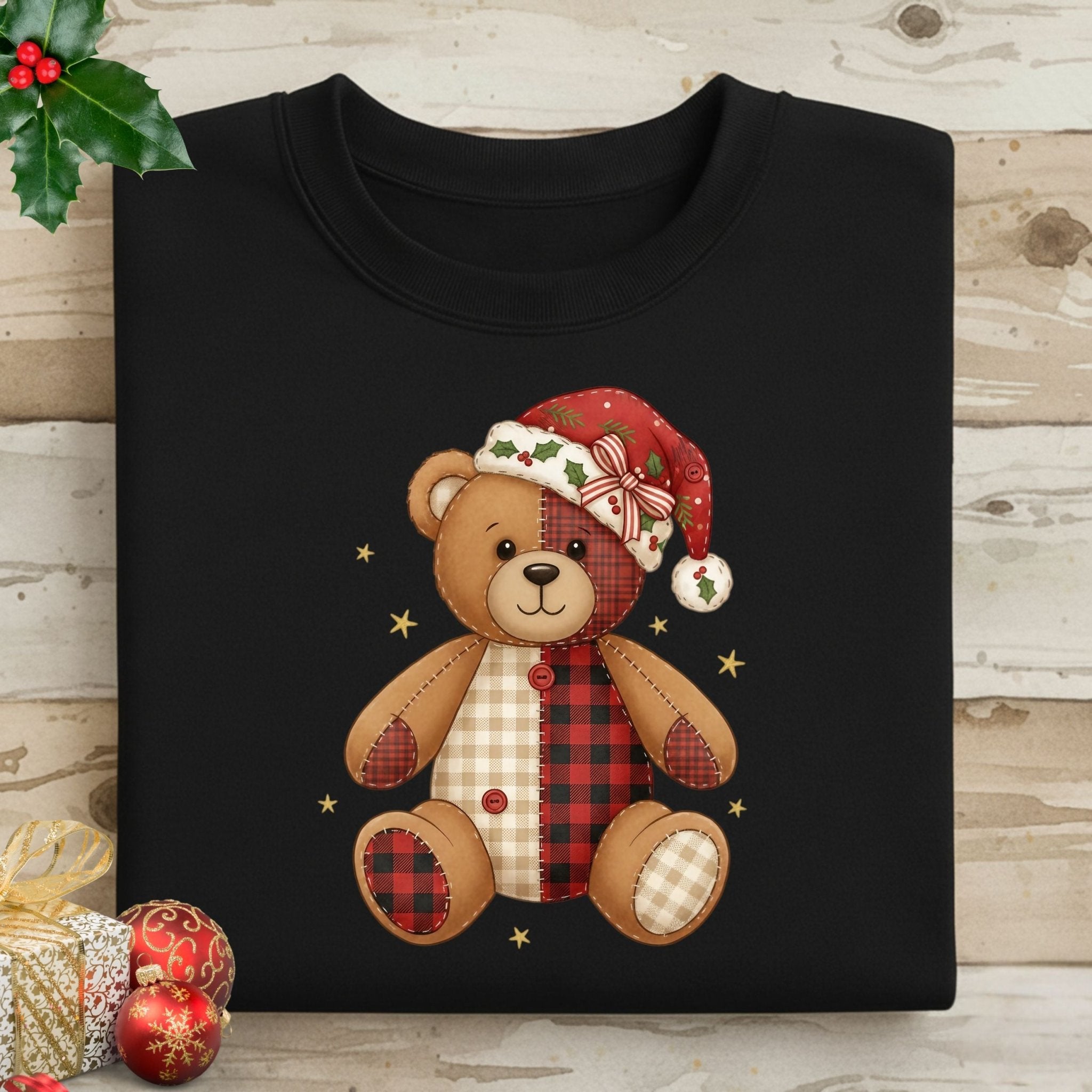 Holiday Teddy Bear Sweatshirt – Patchwork Christmas Edition - Craig Michael Design