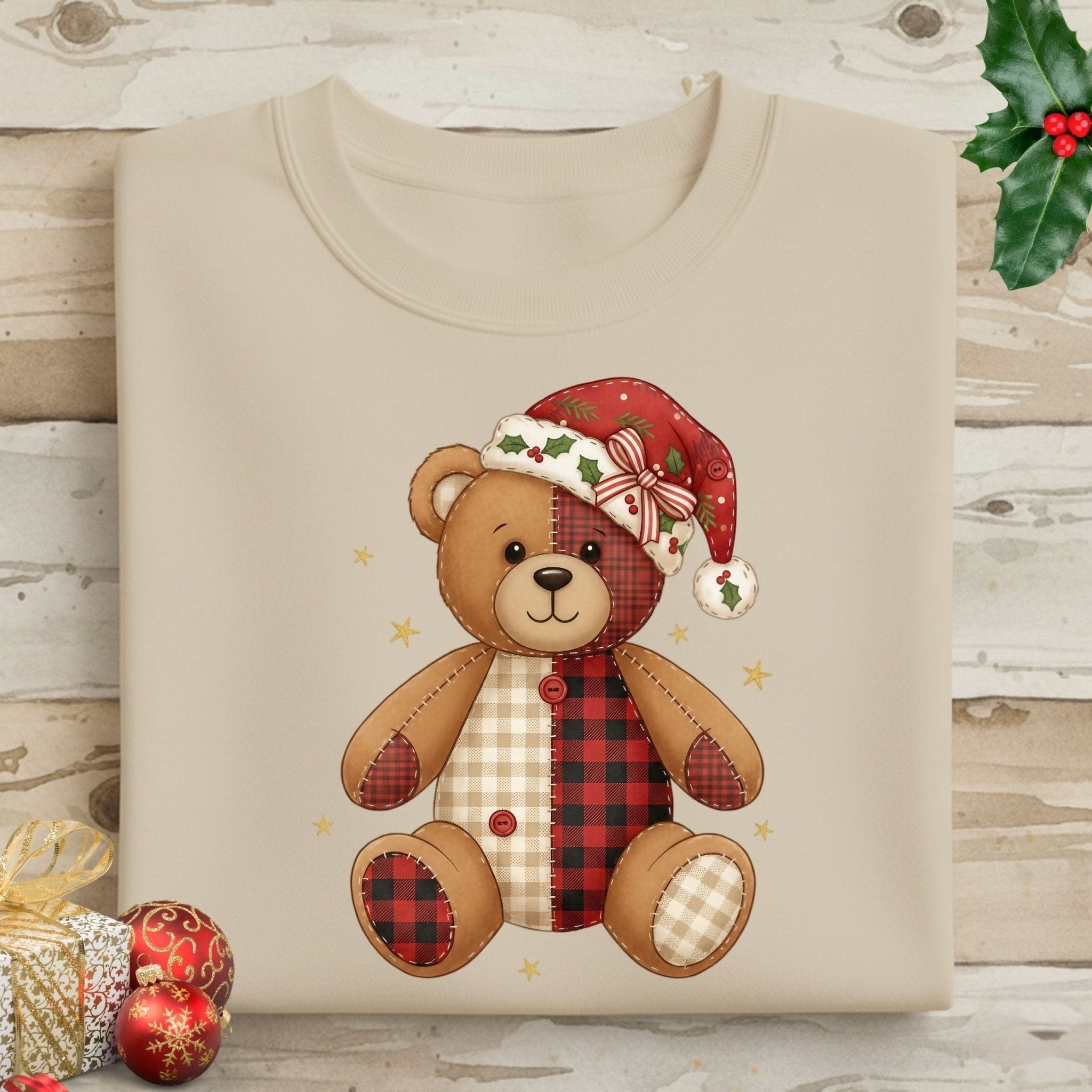 Holiday Teddy Bear Sweatshirt – Patchwork Christmas Edition - Craig Michael Design