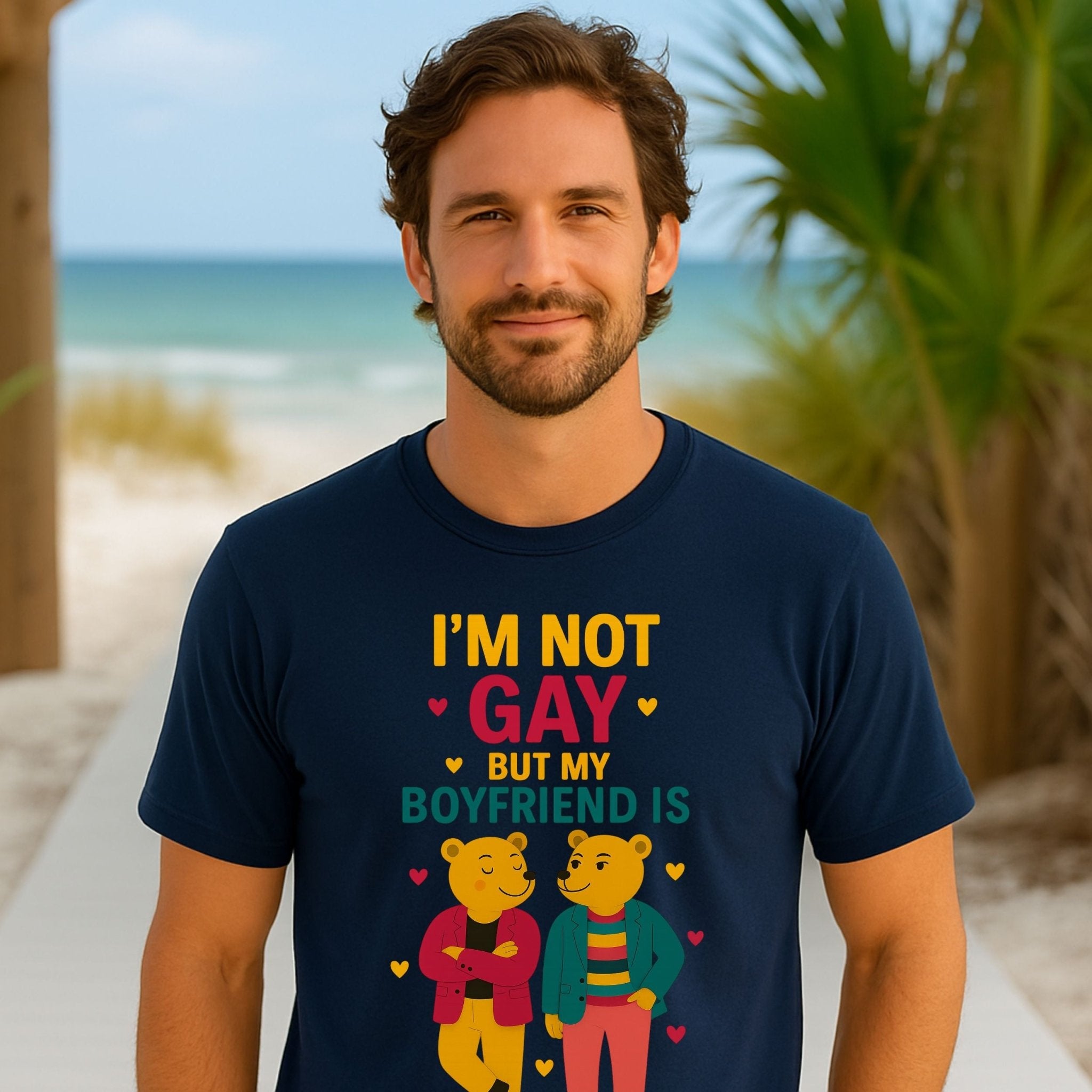 I’m Not Gay But My Boyfriend Is Shirt, Funny Gay Couple T-Shirt, Embroidered Style LGBTQ Pride Tee - Craig Michael Design