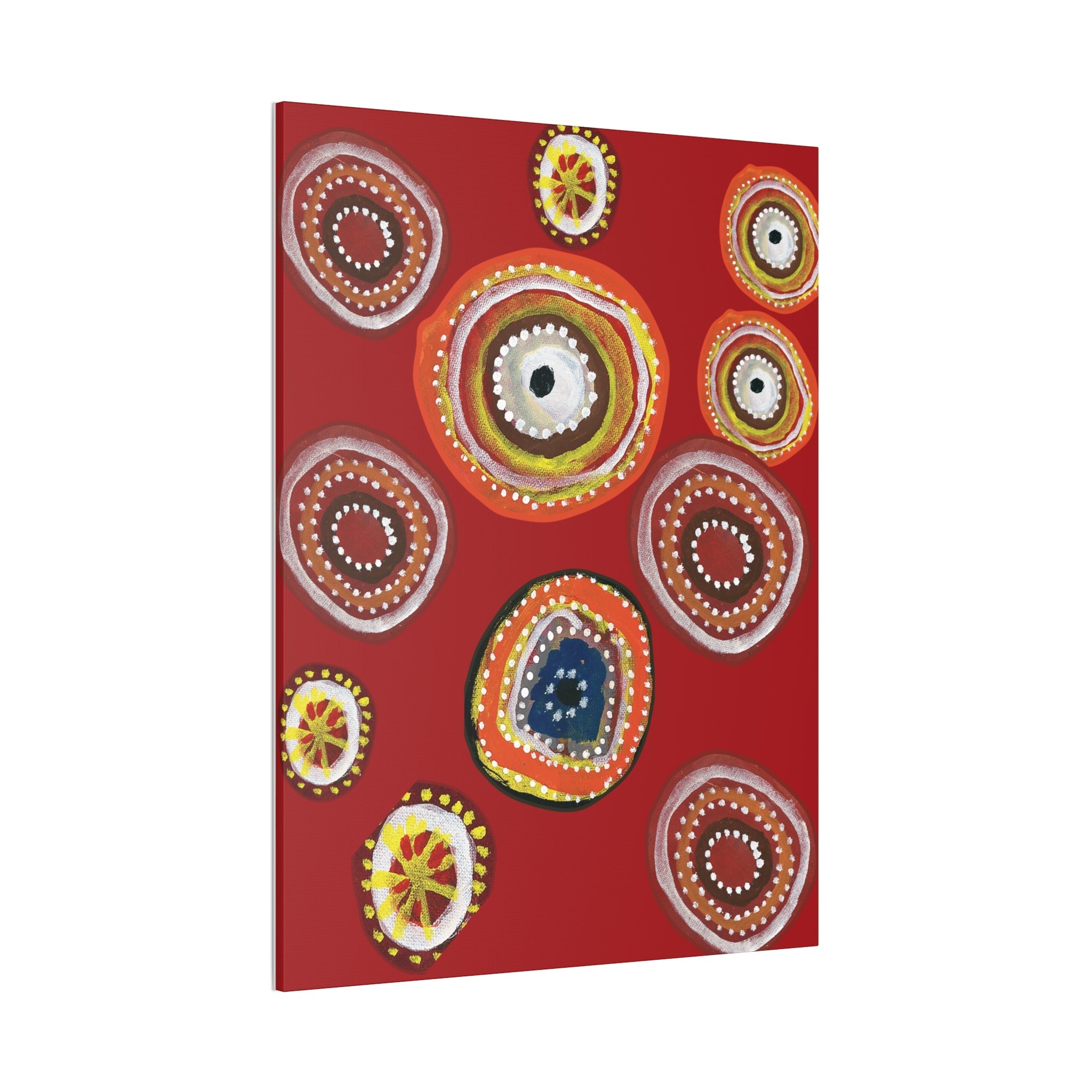 Indigenous Australian Dot Painting Canvas Art, Aboriginal Inspired Wall Décor, Traditional Cultural Artwork, Red Background Canvas - Craig Michael Design