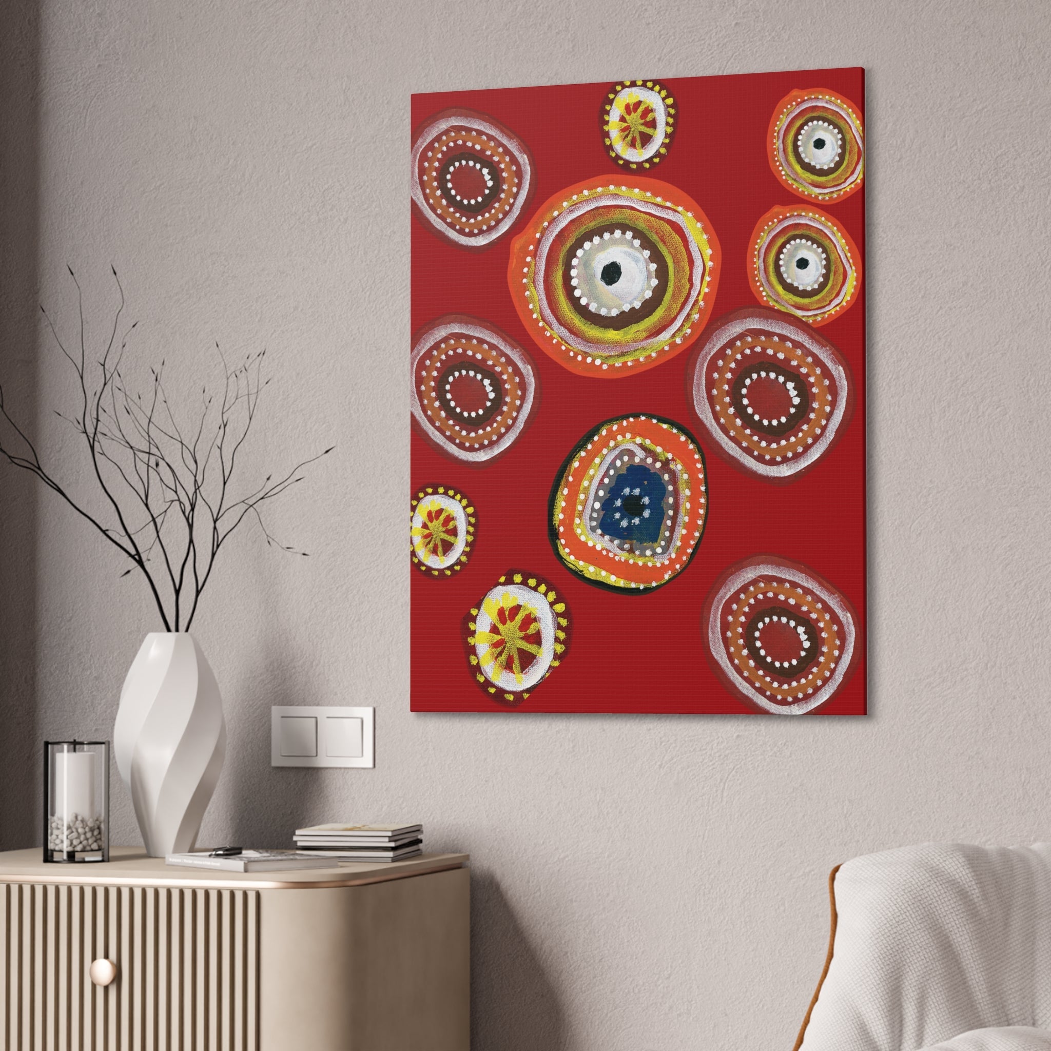 Indigenous Australian Dot Painting Canvas Art, Aboriginal Inspired Wall Décor, Traditional Cultural Artwork, Red Background Canvas - Craig Michael Design