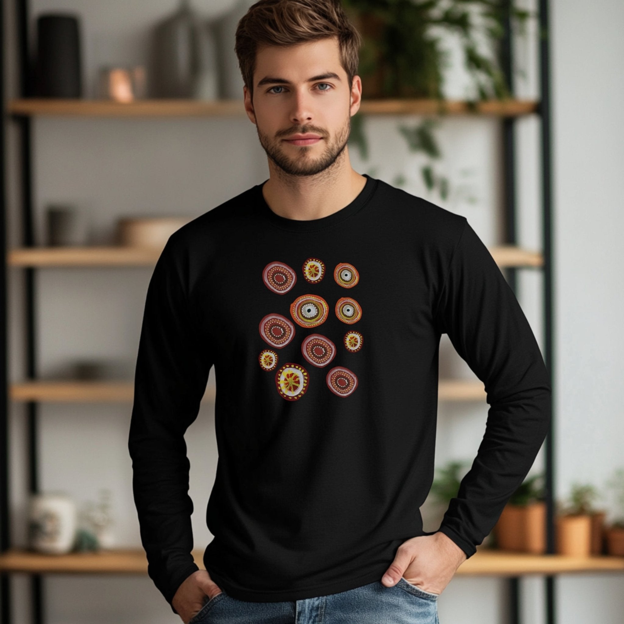 Indigenous Australian Dot Painting Long Sleeve T-Shirt, Unique Artistic Design, Colorful Dot Art Tee, Boho Casual Wear - Craig Michael Design