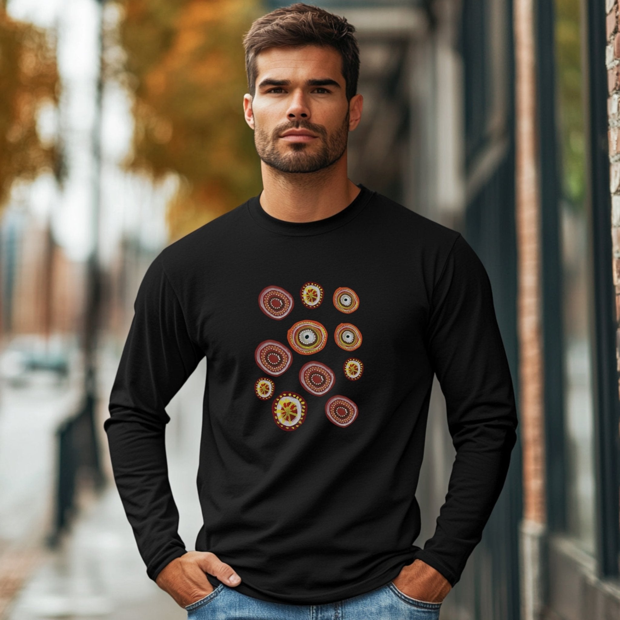 Indigenous Australian Dot Painting Long Sleeve T-Shirt, Unique Artistic Design, Colorful Dot Art Tee, Boho Casual Wear - Craig Michael Design