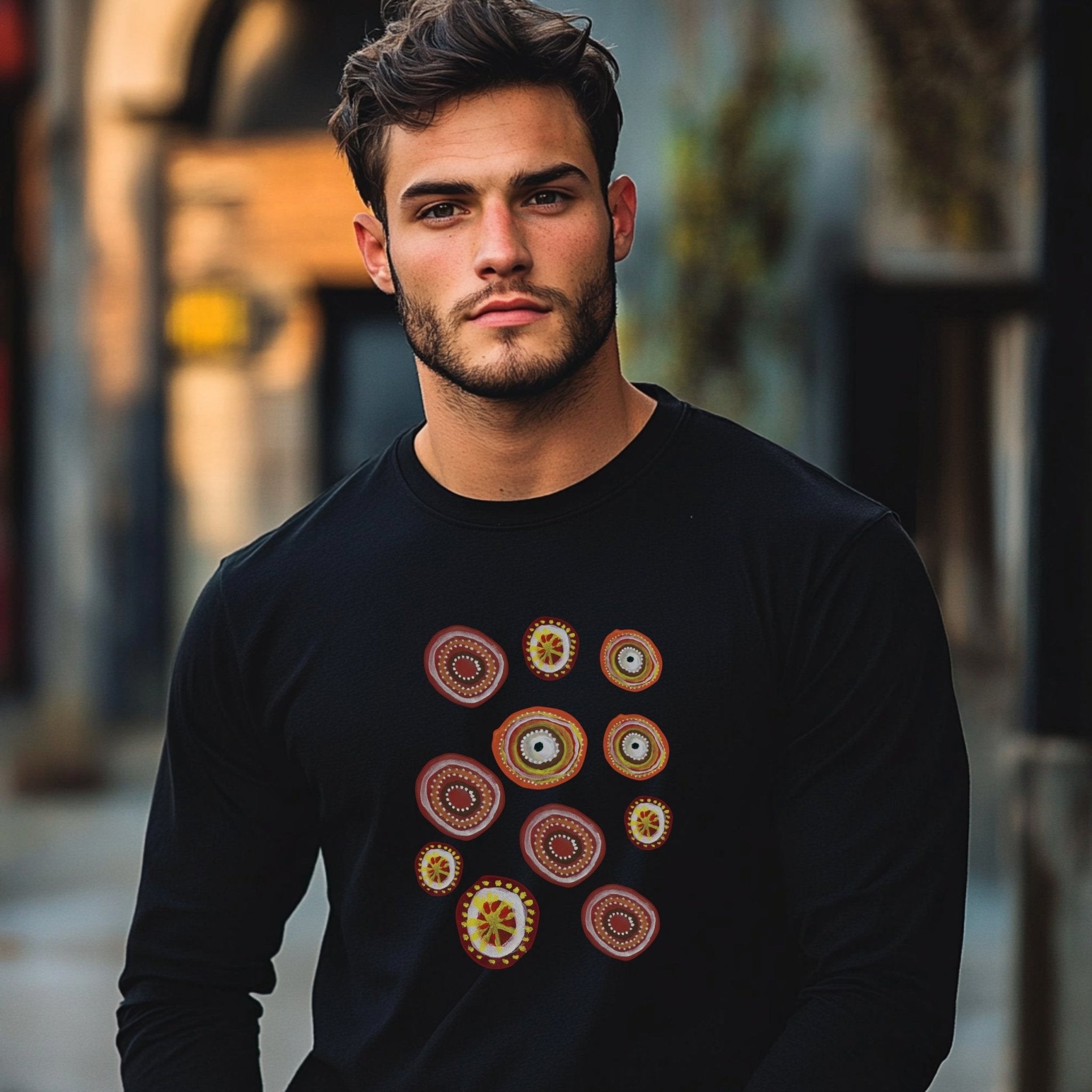 Indigenous Australian Dot Painting Long Sleeve T-Shirt, Unique Artistic Design, Colorful Dot Art Tee, Boho Casual Wear - Craig Michael Design