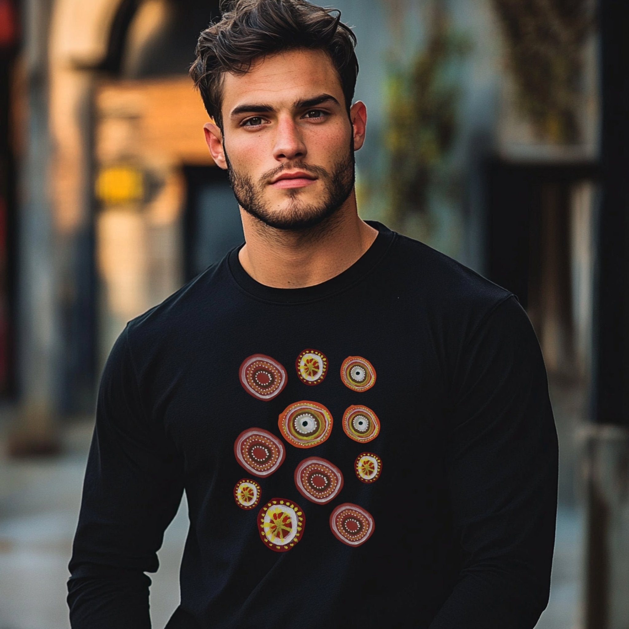 Indigenous Australian Dot Painting Long Sleeve T-Shirt, Unique Artistic Design, Colorful Dot Art Tee, Boho Casual Wear - Craig Michael Design