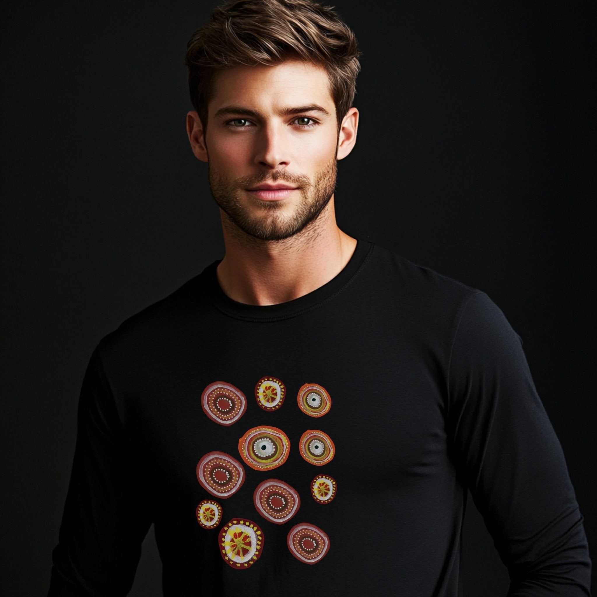 Indigenous Australian Dot Painting Long Sleeve T-Shirt, Unique Artistic Design, Colorful Dot Art Tee, Boho Casual Wear - Craig Michael Design