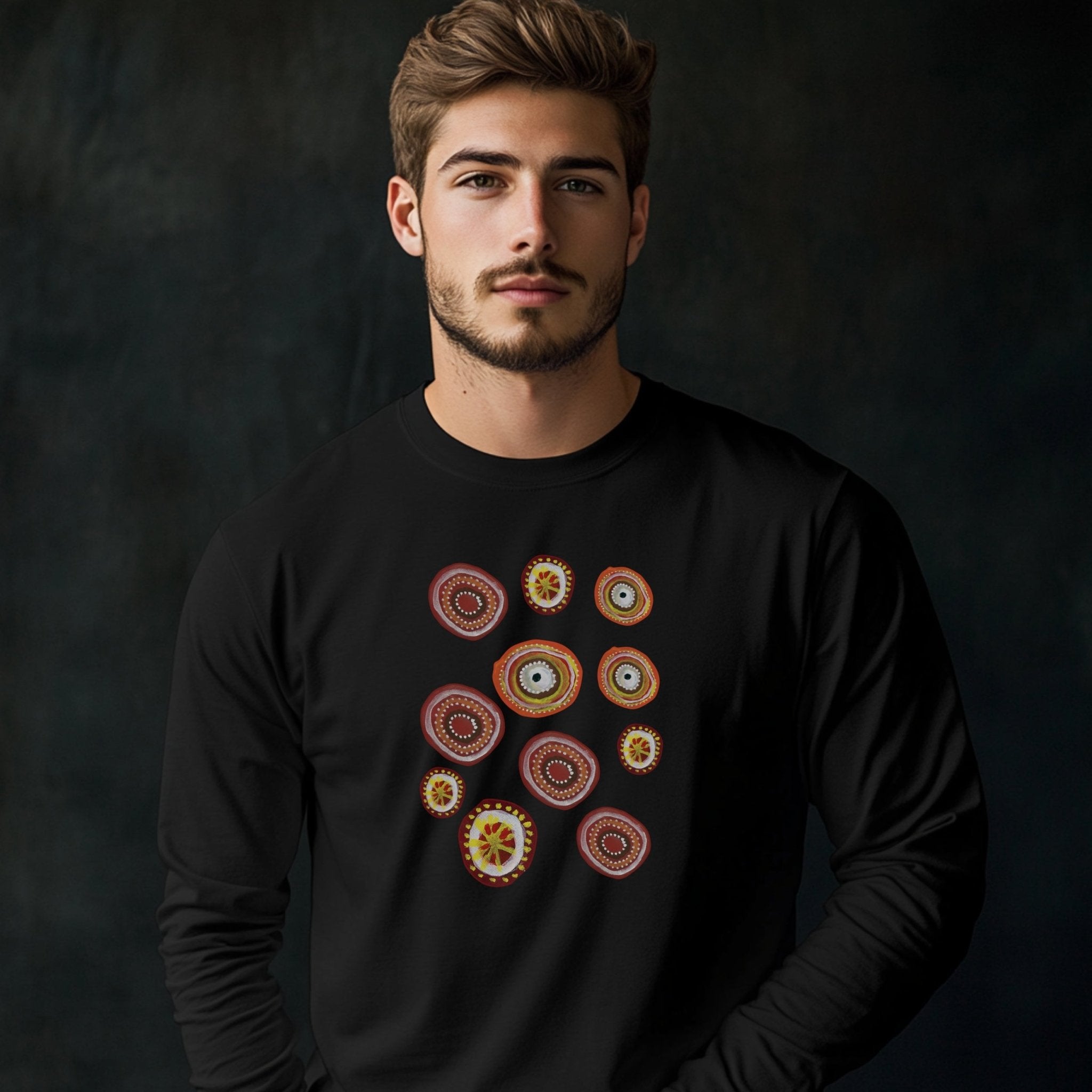 Indigenous Australian Dot Painting Long Sleeve T-Shirt, Unique Artistic Design, Colorful Dot Art Tee, Boho Casual Wear - Craig Michael Design