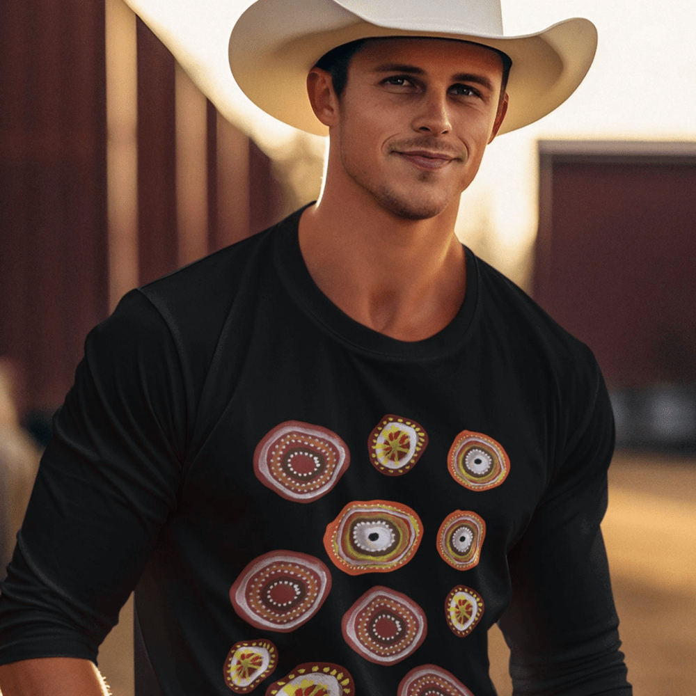 Indigenous Australian Dot Painting Long Sleeve T-Shirt, Unique Artistic Design, Colorful Dot Art Tee, Boho Casual Wear - Craig Michael Design