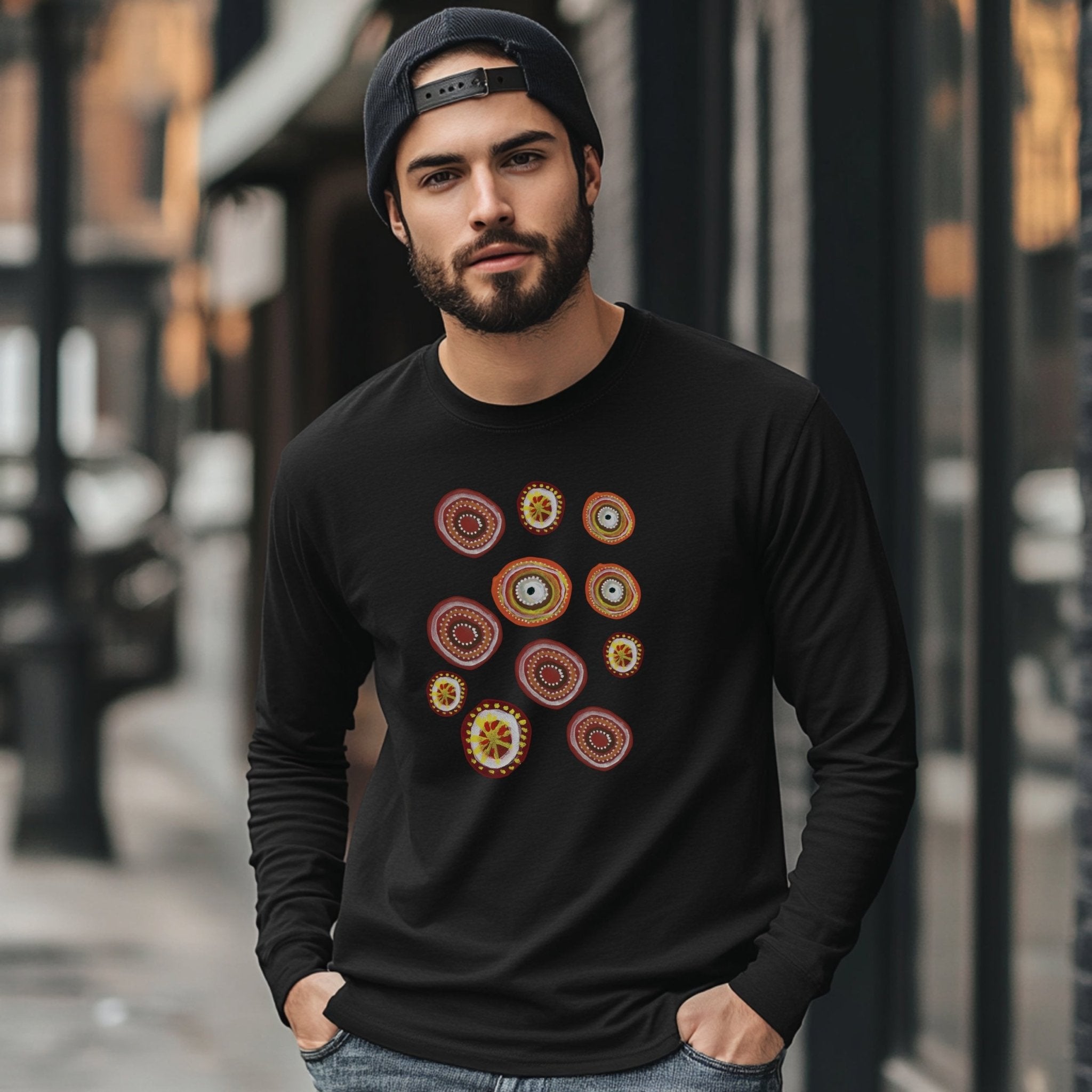 Indigenous Australian Dot Painting Long Sleeve T-Shirt, Unique Artistic Design, Colorful Dot Art Tee, Boho Casual Wear - Craig Michael Design