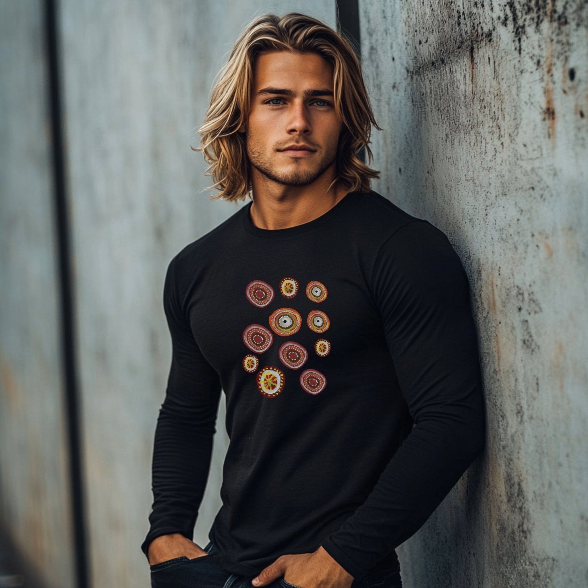 Indigenous Australian Dot Painting Long Sleeve T-Shirt, Unique Artistic Design, Colorful Dot Art Tee, Boho Casual Wear - Craig Michael Design