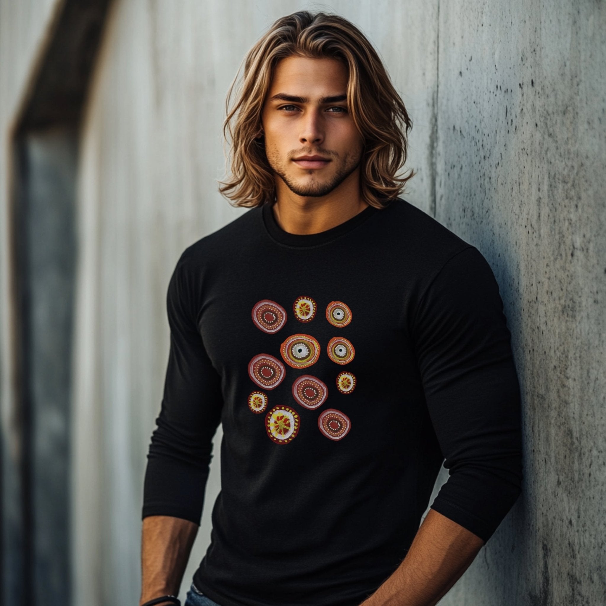 Indigenous Australian Dot Painting Long Sleeve T-Shirt, Unique Artistic Design, Colorful Dot Art Tee, Boho Casual Wear - Craig Michael Design