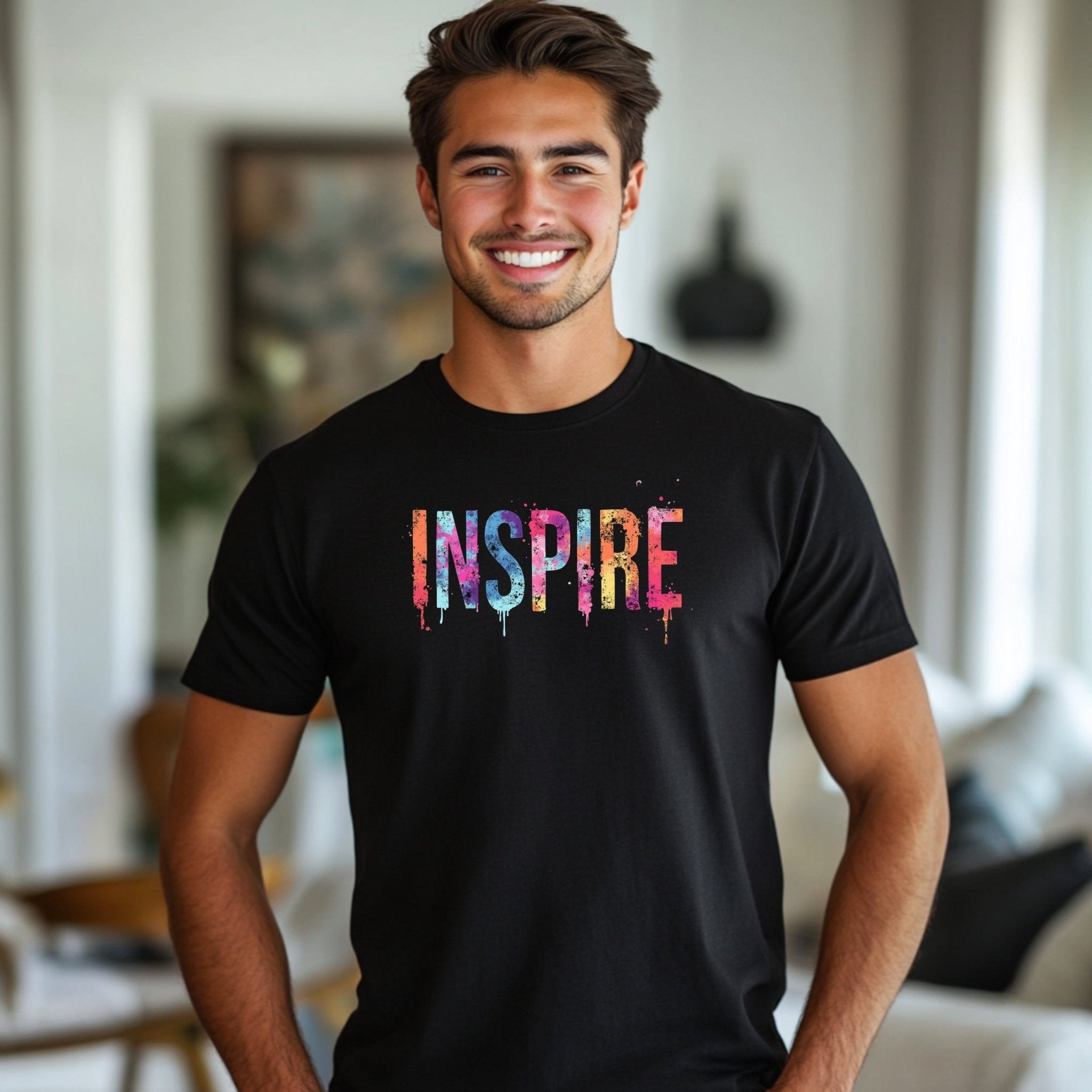 Inspire Graphic T-Shirt, Colorful Inspirational Tee, Creative Paint Splatter Design, Motivational Word Print, Casual Wear - Craig Michael Design