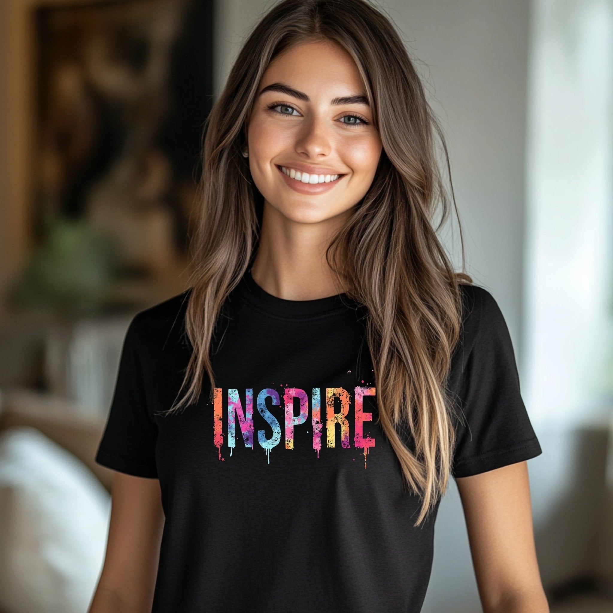 Inspire Graphic T-Shirt, Colorful Inspirational Tee, Creative Paint Splatter Design, Motivational Word Print, Casual Wear - Craig Michael Design