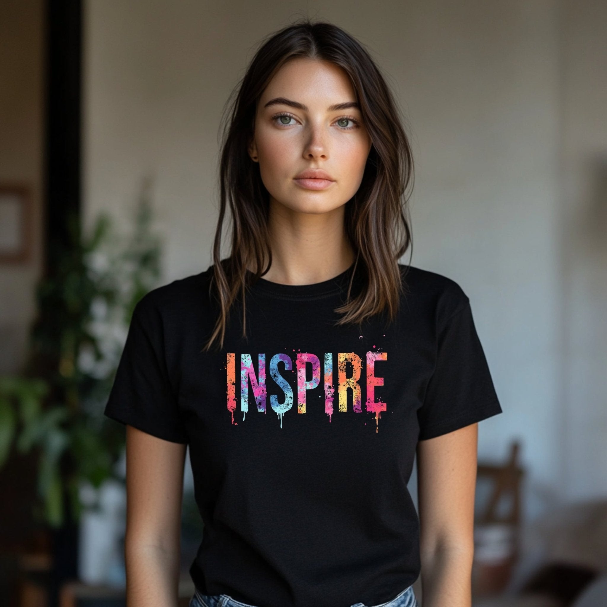 Inspire Graphic T-Shirt, Colorful Inspirational Tee, Creative Paint Splatter Design, Motivational Word Print, Casual Wear - Craig Michael Design