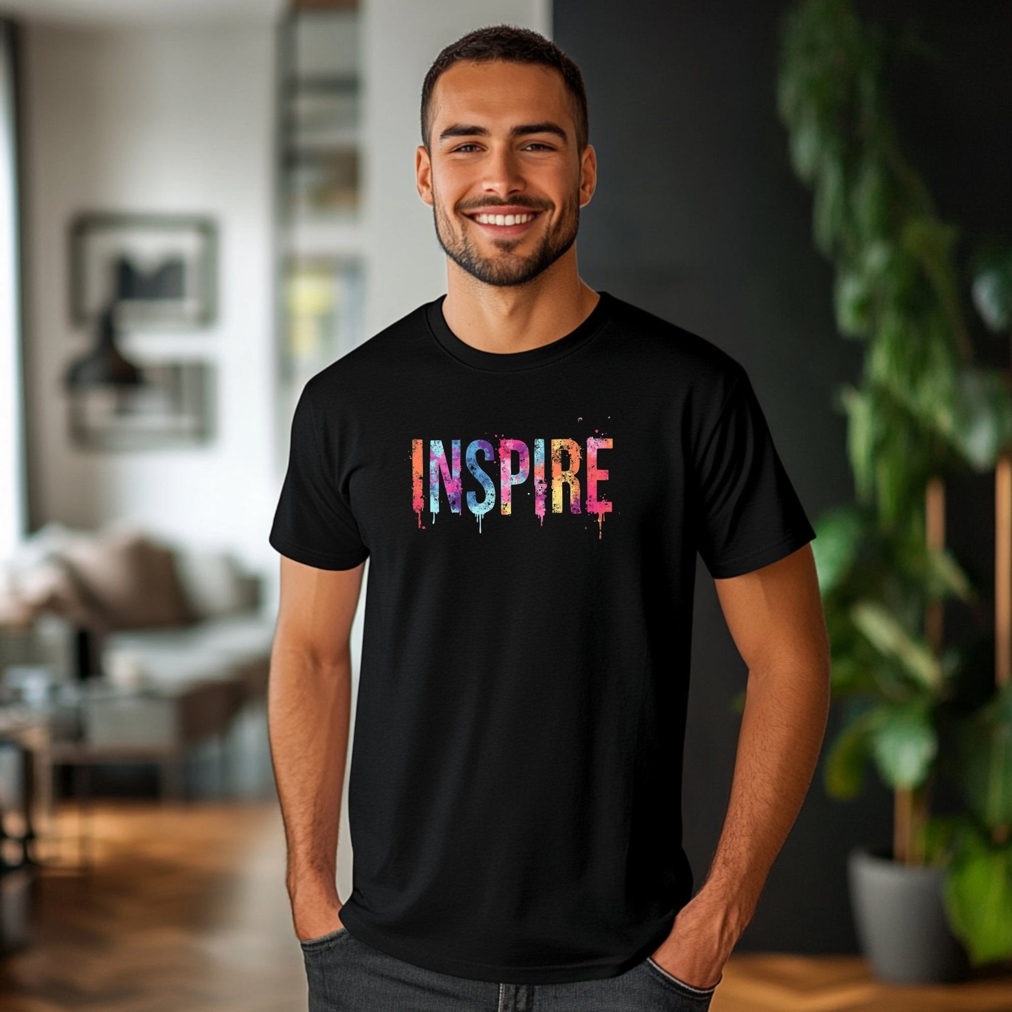 Inspire Graphic T-Shirt, Colorful Inspirational Tee, Creative Paint Splatter Design, Motivational Word Print, Casual Wear - Craig Michael Design