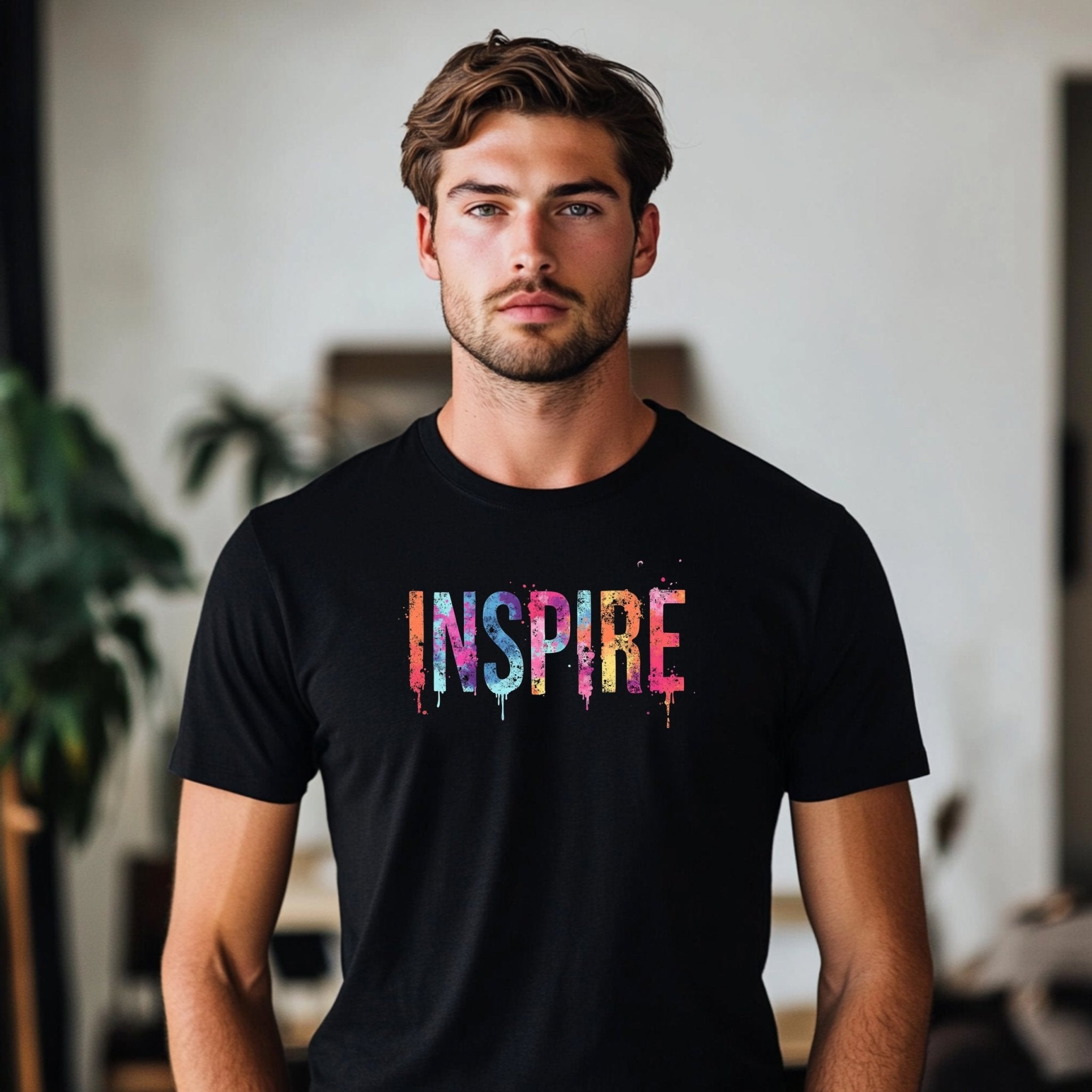 Inspire Graphic T-Shirt, Colorful Inspirational Tee, Creative Paint Splatter Design, Motivational Word Print, Casual Wear - Craig Michael Design