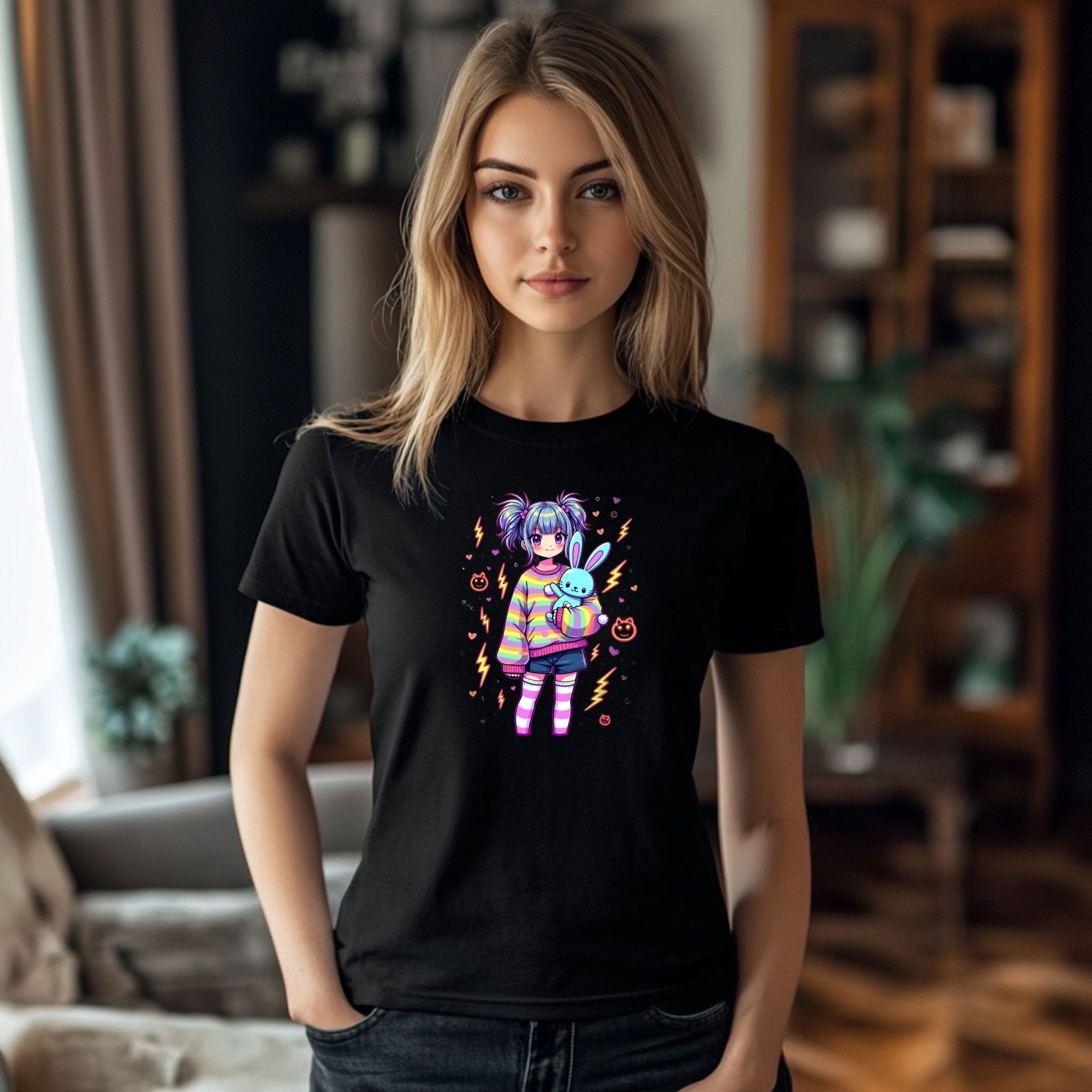 Kawaii Graphic T-Shirt, Cute Harajuku Style Outfit, Adorable Anime Print Tee, Rainbow Striped Shirt, Bunny Plush Design - Craig Michael Design