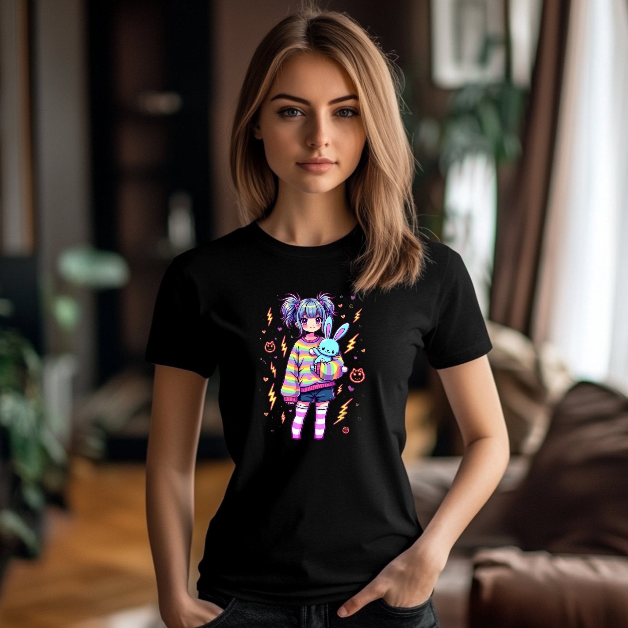 Kawaii Graphic T-Shirt, Cute Harajuku Style Outfit, Adorable Anime Print Tee, Rainbow Striped Shirt, Bunny Plush Design - Craig Michael Design