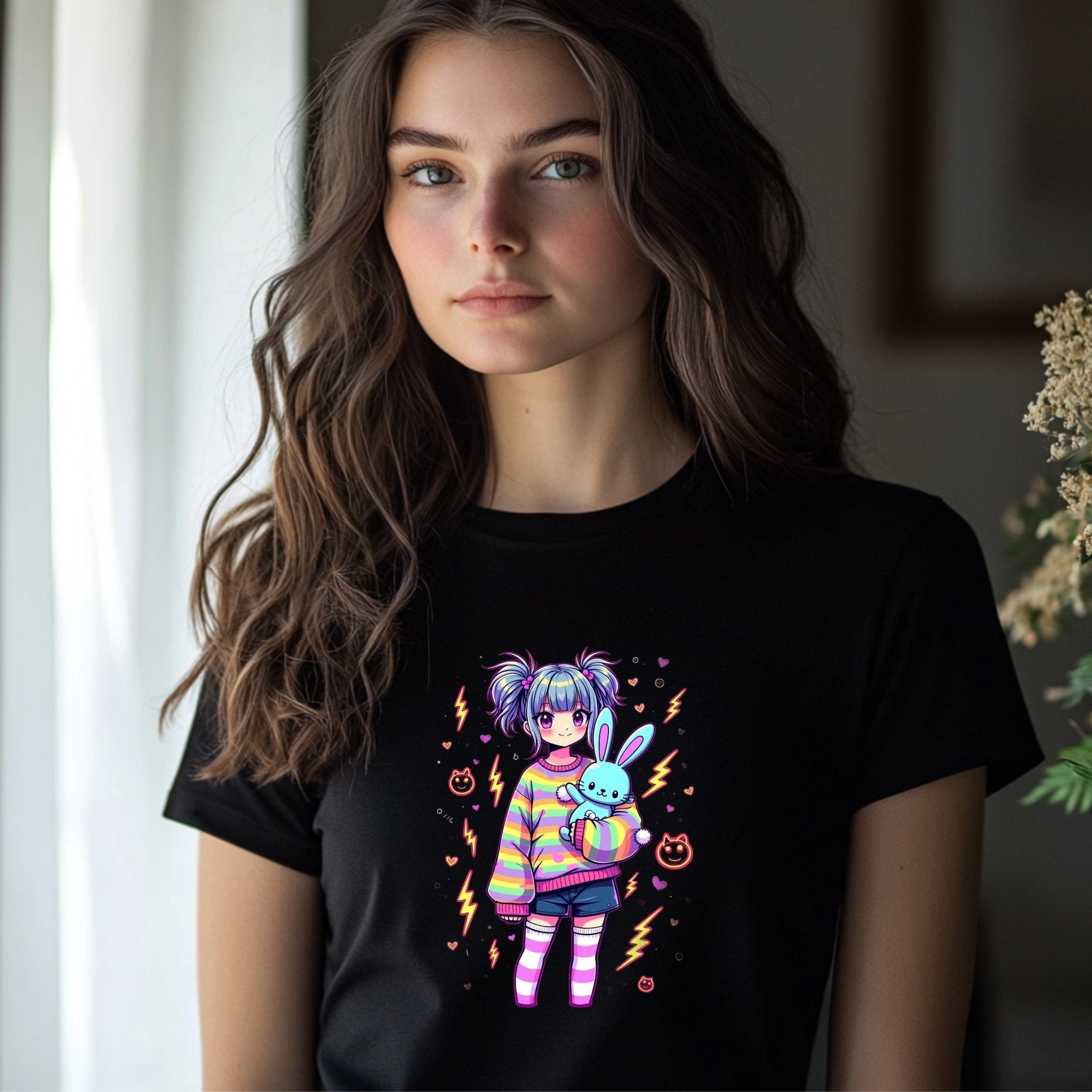 Kawaii Graphic T-Shirt, Cute Harajuku Style Outfit, Adorable Anime Print Tee, Rainbow Striped Shirt, Bunny Plush Design - Craig Michael Design