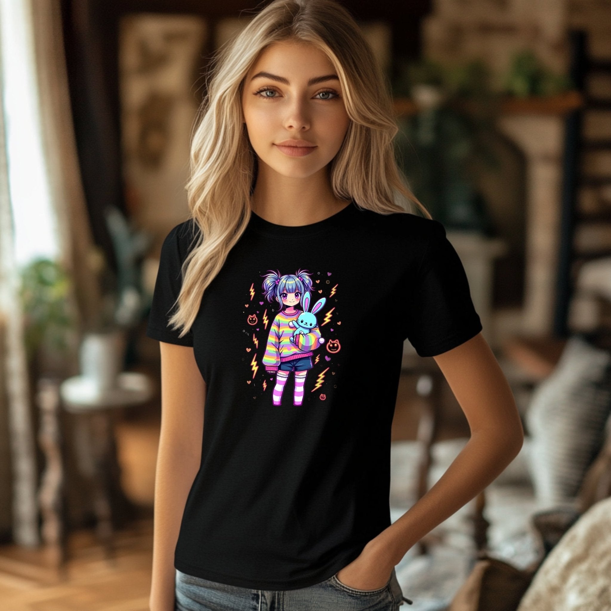 Kawaii Graphic T-Shirt, Cute Harajuku Style Outfit, Adorable Anime Print Tee, Rainbow Striped Shirt, Bunny Plush Design - Craig Michael Design