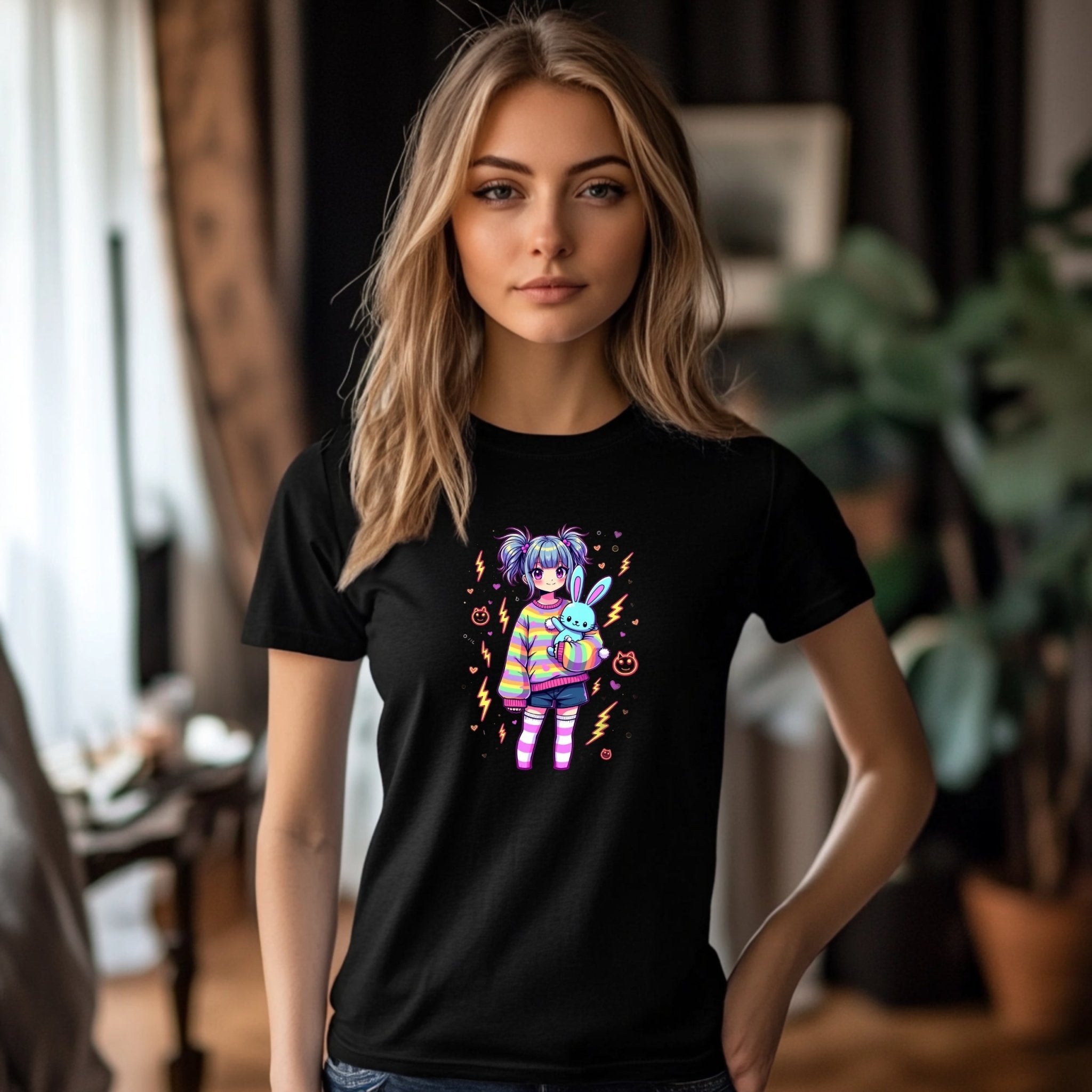 Kawaii Graphic T-Shirt, Cute Harajuku Style Outfit, Adorable Anime Print Tee, Rainbow Striped Shirt, Bunny Plush Design - Craig Michael Design