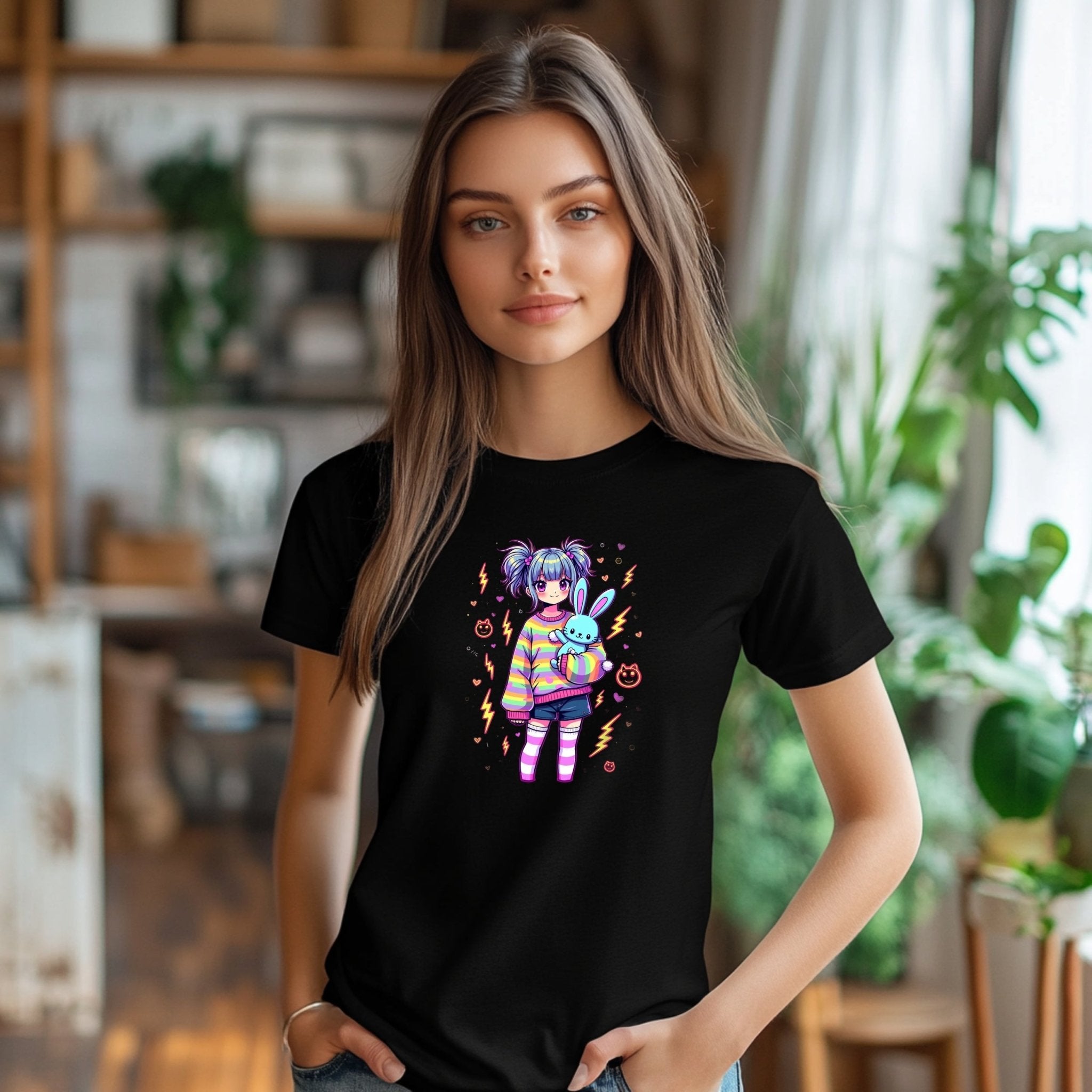 Kawaii Graphic T-Shirt, Cute Harajuku Style Outfit, Adorable Anime Print Tee, Rainbow Striped Shirt, Bunny Plush Design - Craig Michael Design