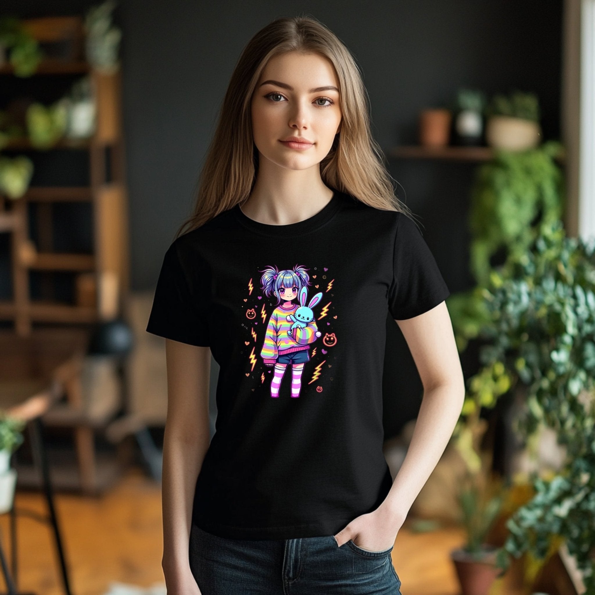 Kawaii Graphic T-Shirt, Cute Harajuku Style Outfit, Adorable Anime Print Tee, Rainbow Striped Shirt, Bunny Plush Design - Craig Michael Design