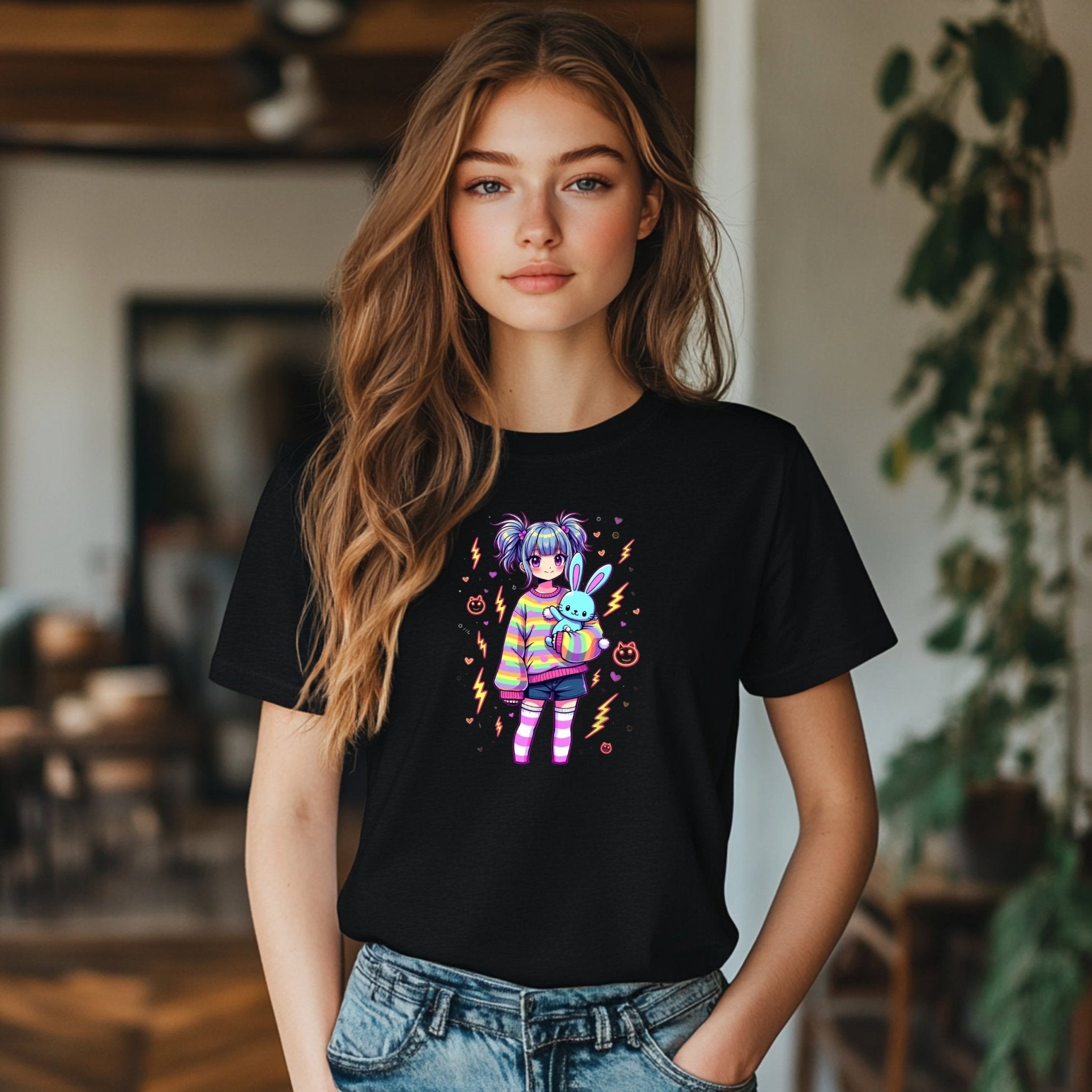 Kawaii Graphic T-Shirt, Cute Harajuku Style Outfit, Adorable Anime Print Tee, Rainbow Striped Shirt, Bunny Plush Design - Craig Michael Design