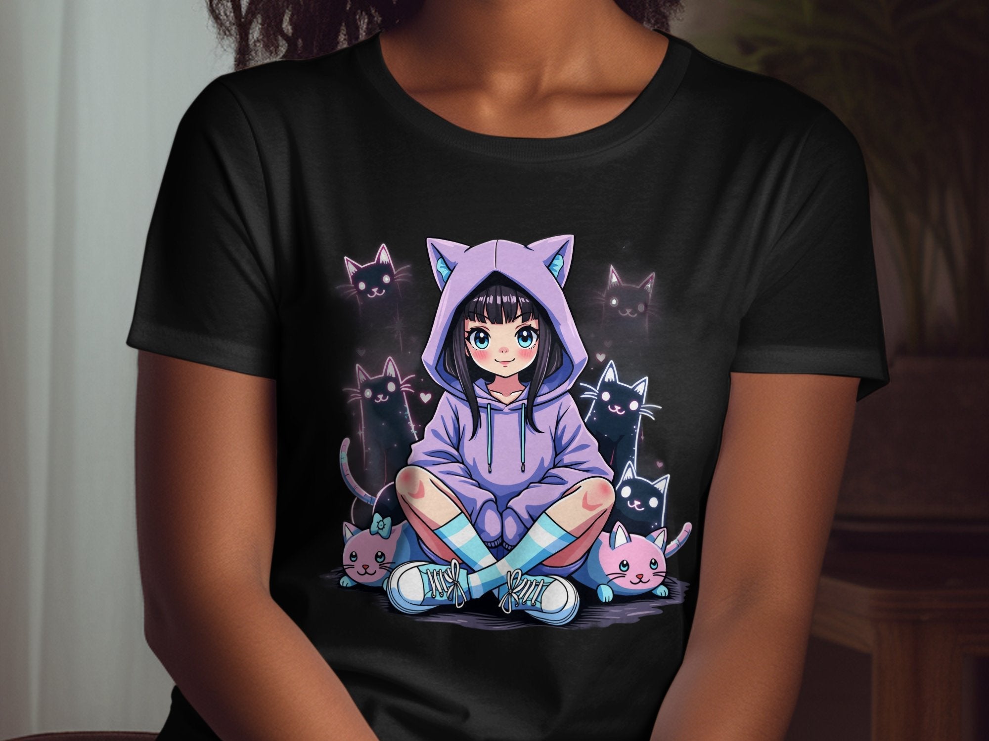 Kawaii Harajuku Cat Girl T-Shirt, Cute Anime Style Graphic Tee, Pastel Goth Streetwear, Casual Cute Cat Lover Shirt, Aesthetic Art - Craig Michael Design