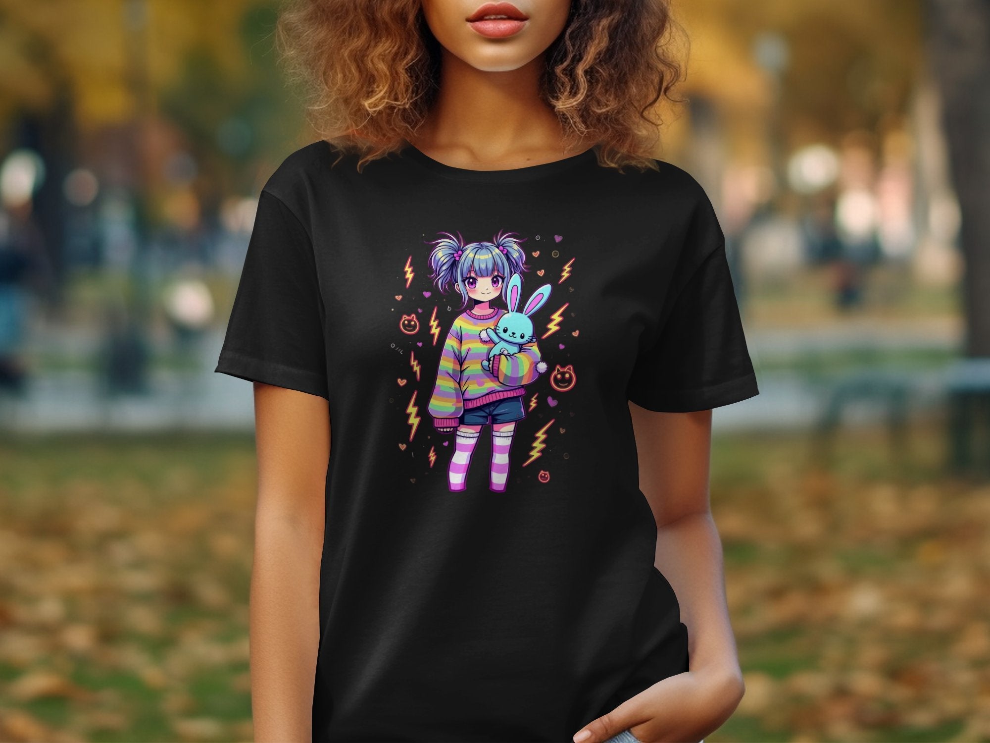 Kawaii Harajuku Style T-Shirt Cute Anime Girl and Bunny Graphic Tee Colorful Striped Sweater Trendy Streetwear Unisex Top - Craig Michael Design