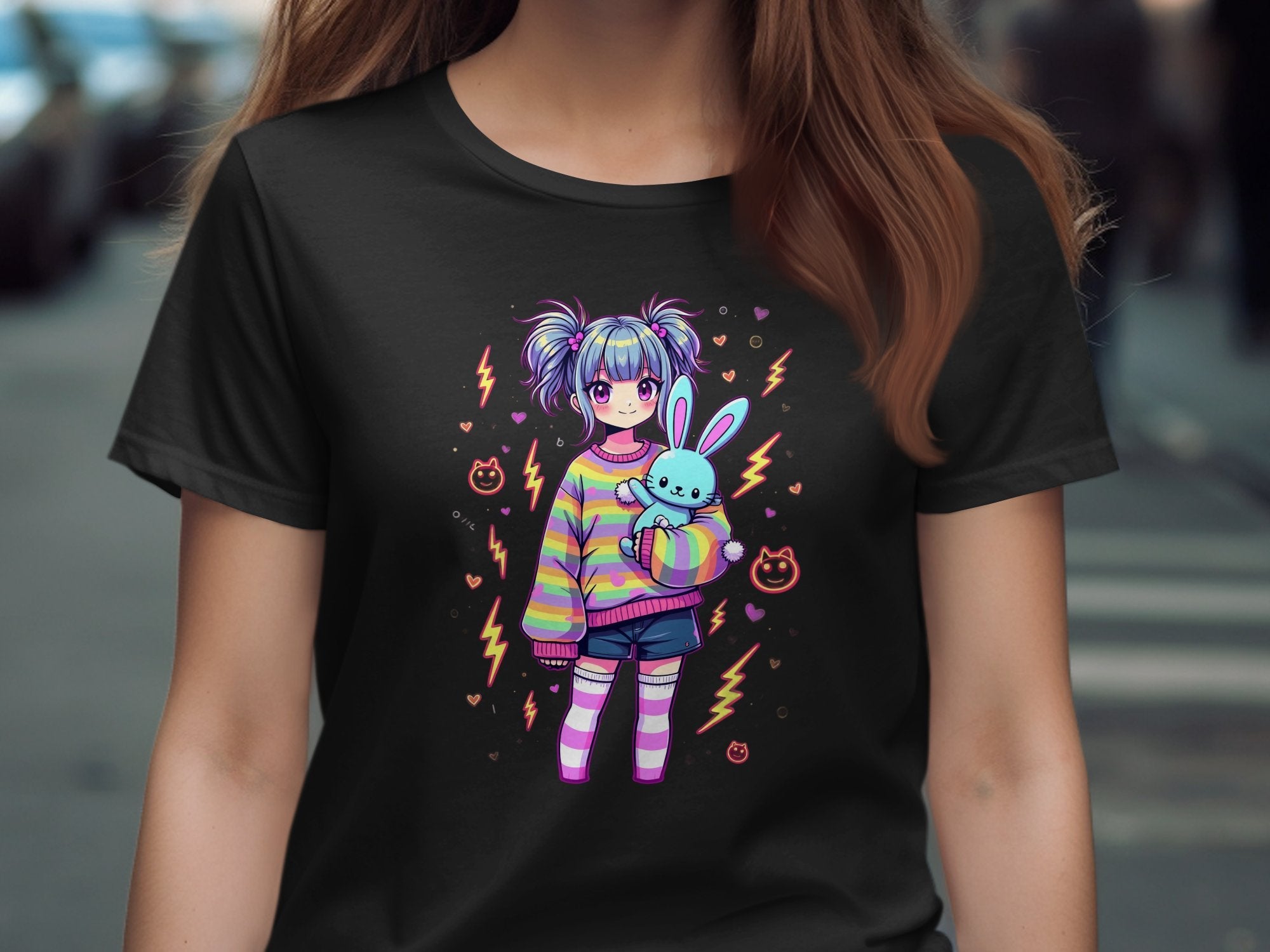 Kawaii Harajuku Style T-Shirt Cute Anime Girl and Bunny Graphic Tee Colorful Striped Sweater Trendy Streetwear Unisex Top - Craig Michael Design