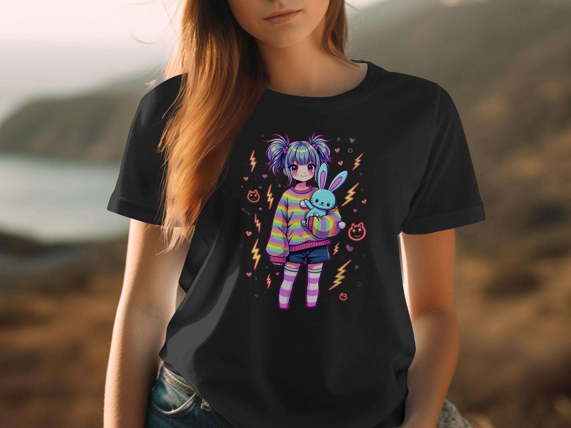 Kawaii Harajuku Style T-Shirt Cute Anime Girl and Bunny Graphic Tee Colorful Striped Sweater Trendy Streetwear Unisex Top - Craig Michael Design