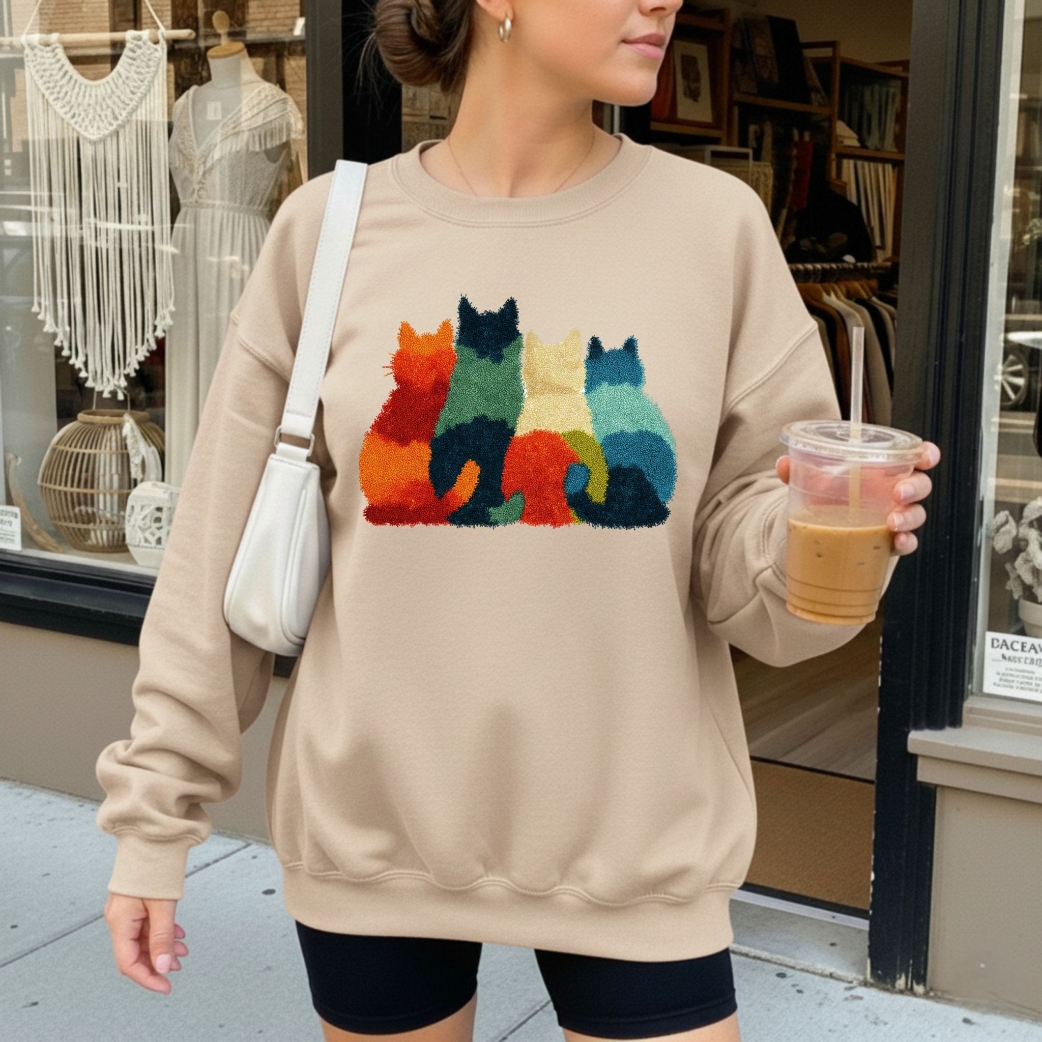 Latch Hook Cat Sweatshirt, Cozy Cat Lover Gift, Embroidered - Style Cat Mom Sweater, Cute Furry Cats Pullover, Women’s Cat Shirt - Craig Michael Design