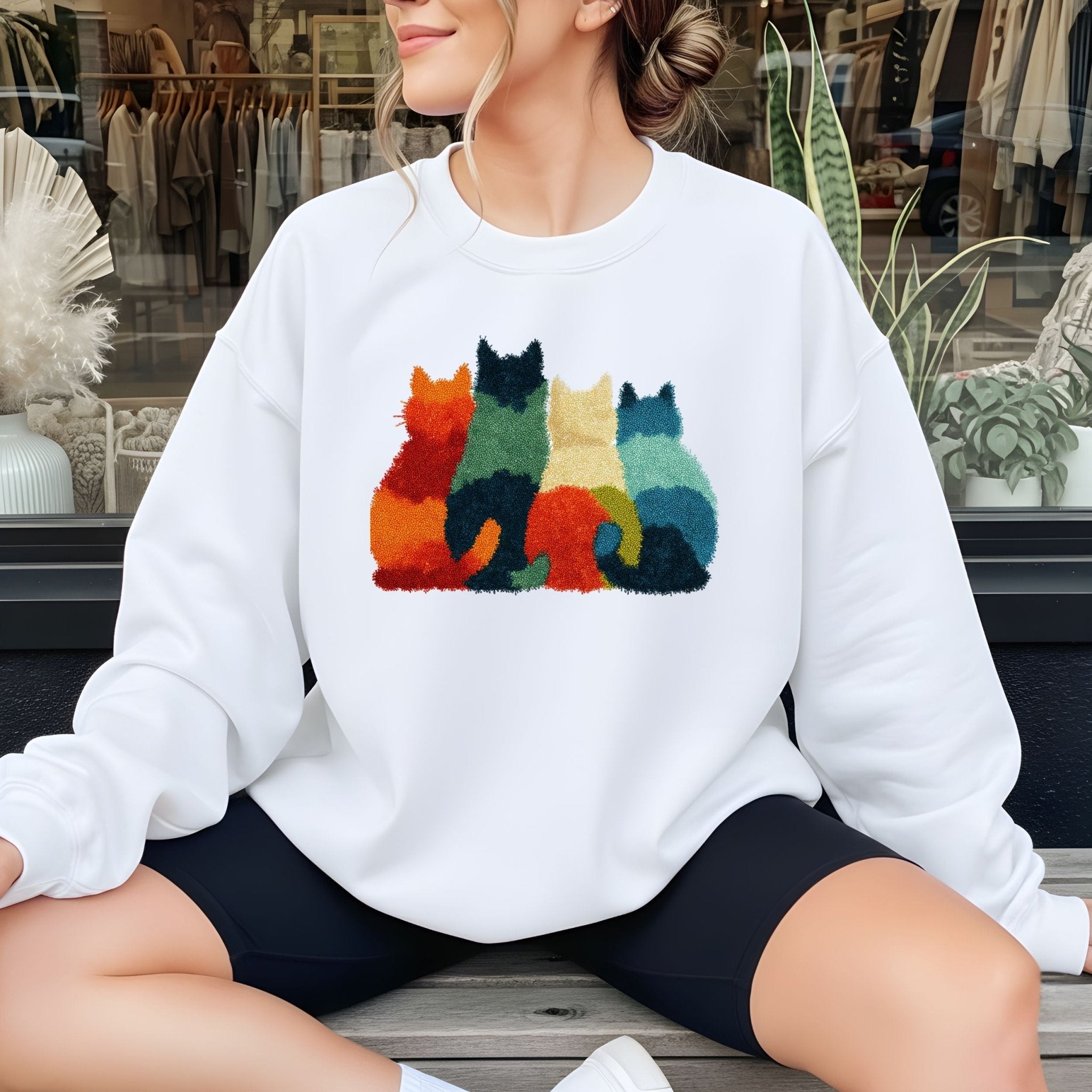 Latch Hook Cat Sweatshirt, Cozy Cat Lover Gift, Embroidered - Style Cat Mom Sweater, Cute Furry Cats Pullover, Women’s Cat Shirt - Craig Michael Design
